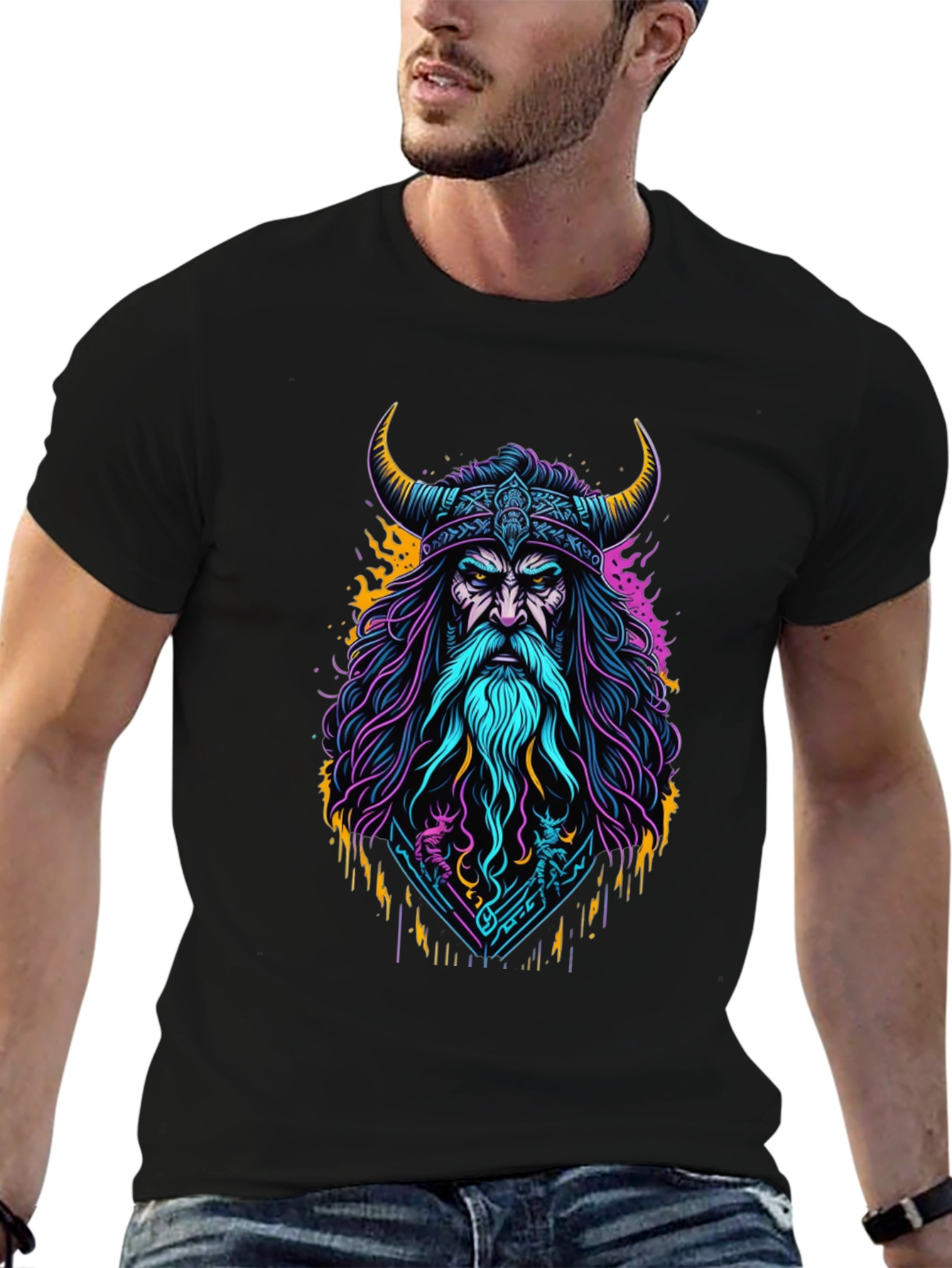 Viking Warrior Graphic Tee - Bold Neon Design