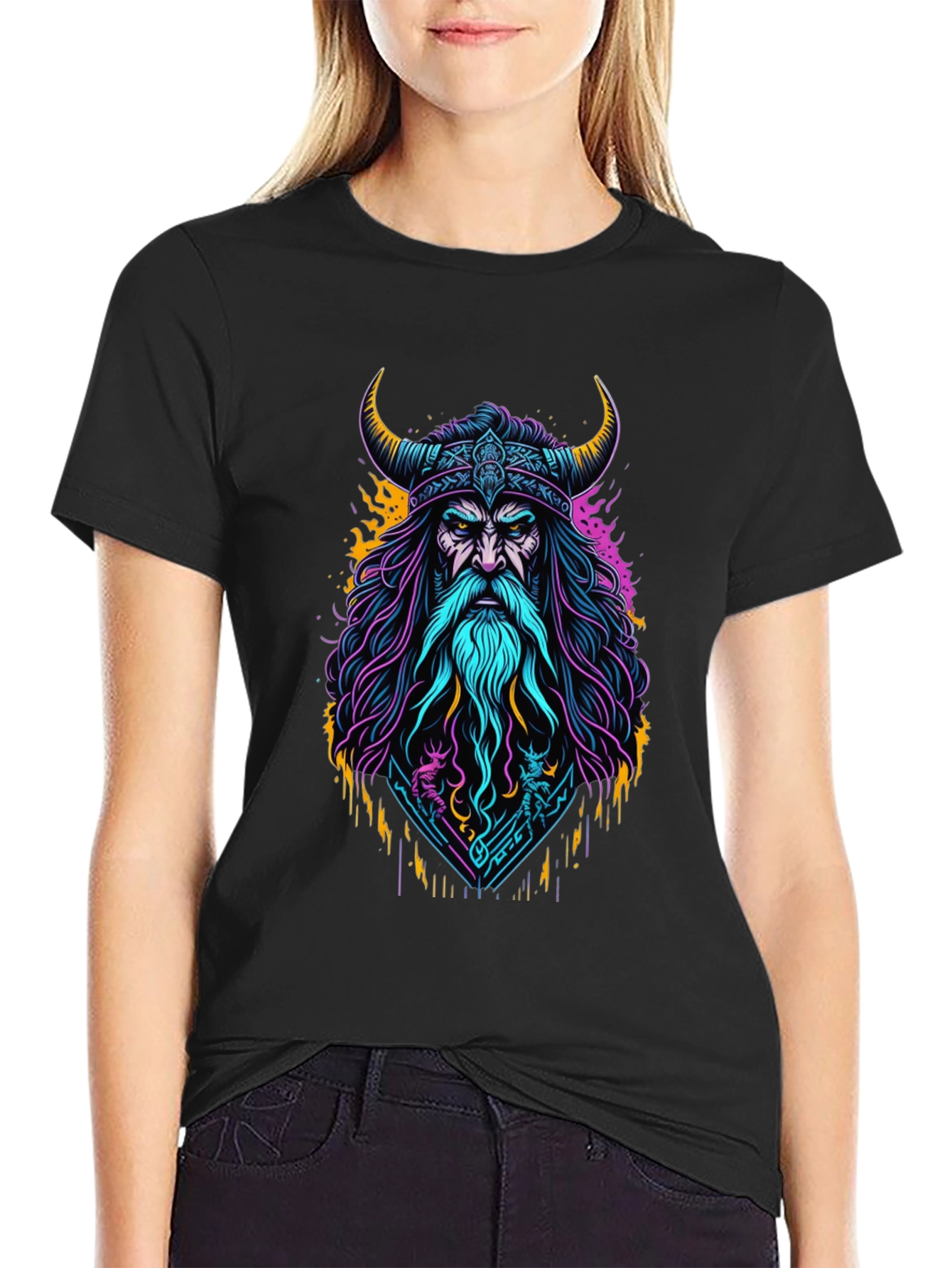 Viking Warrior Graphic Tee - Bold Neon Design