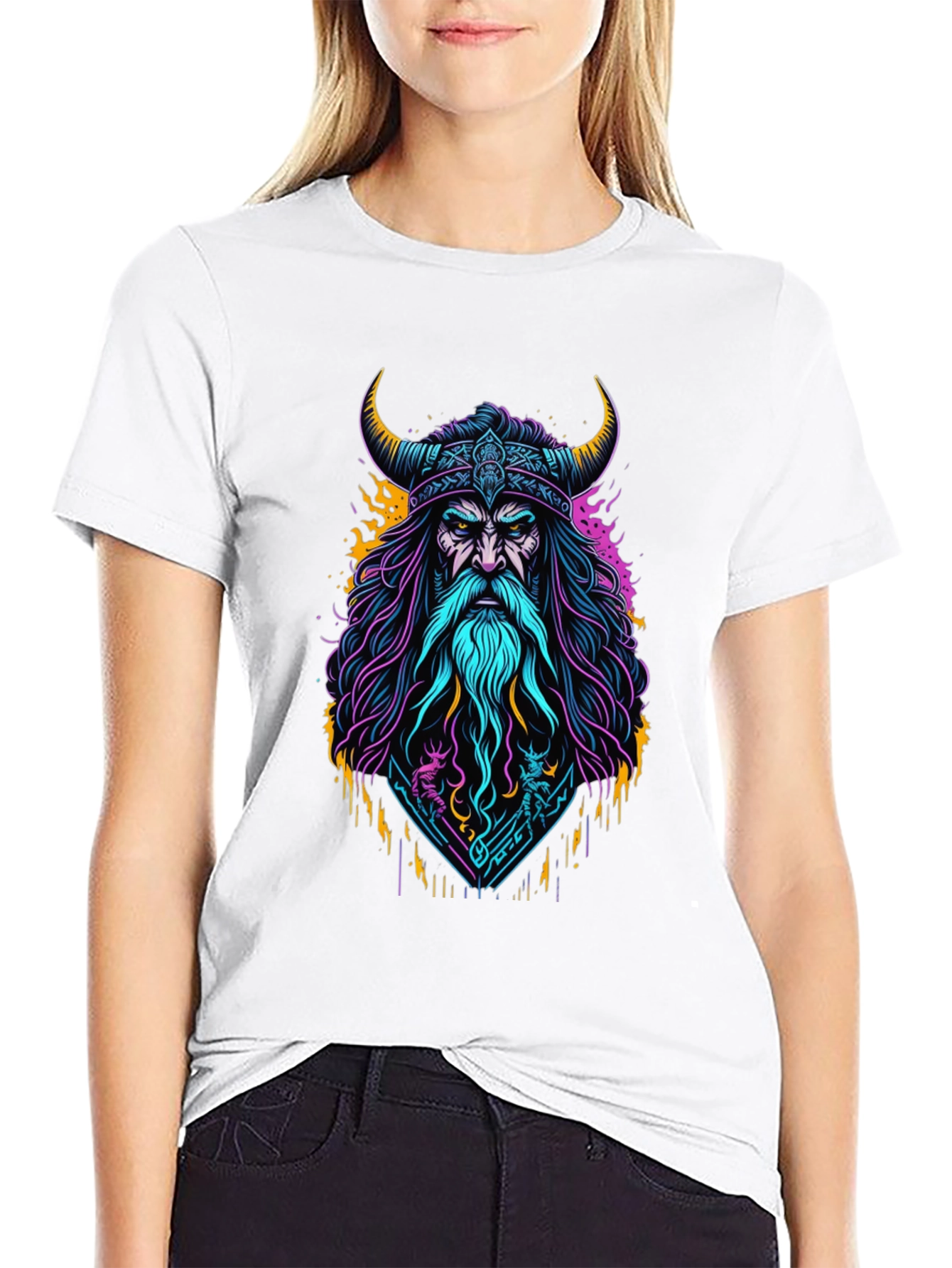Viking Warrior Graphic Tee - Bold Neon Design