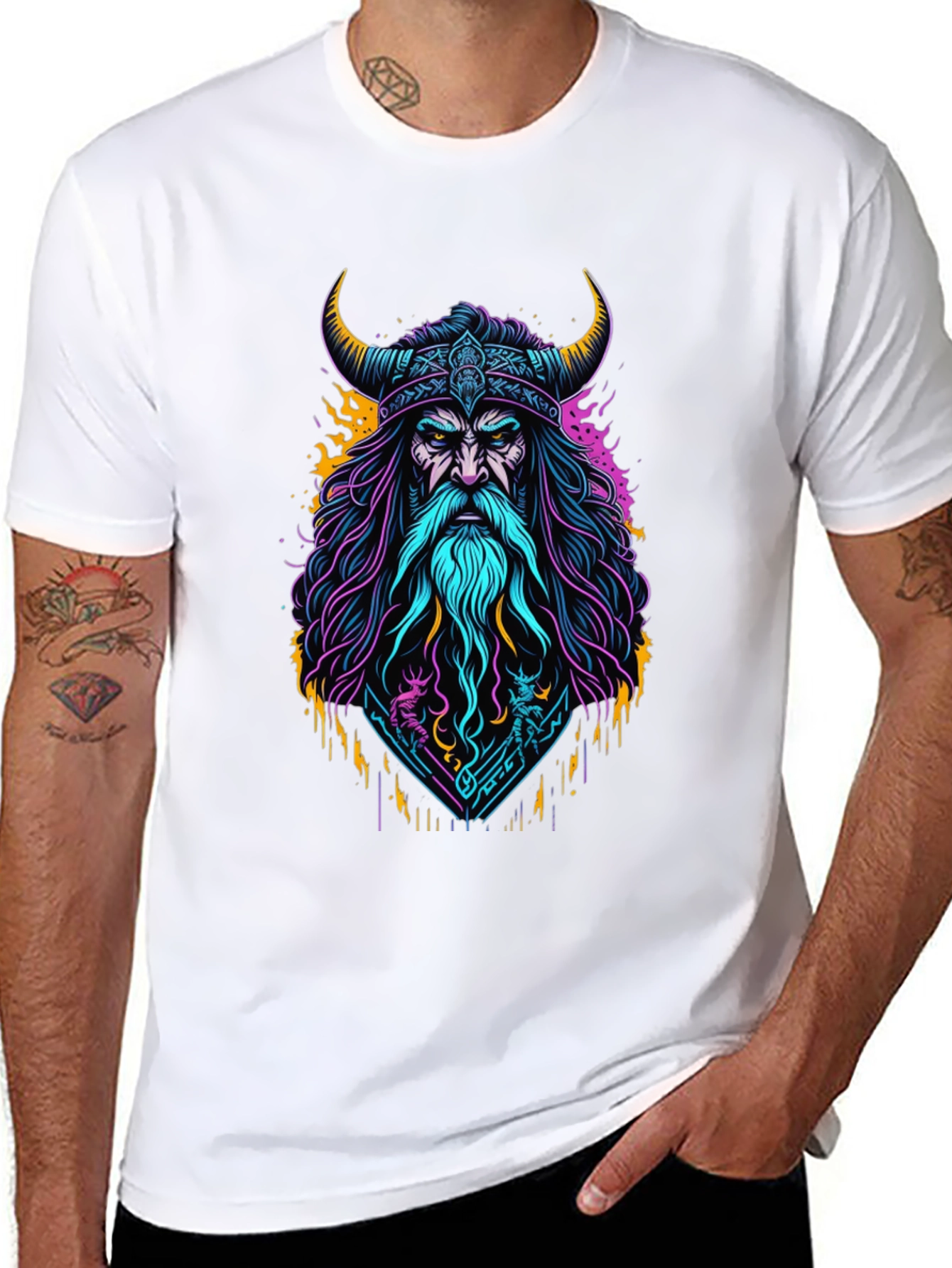 Viking Warrior Graphic Tee - Bold Neon Design