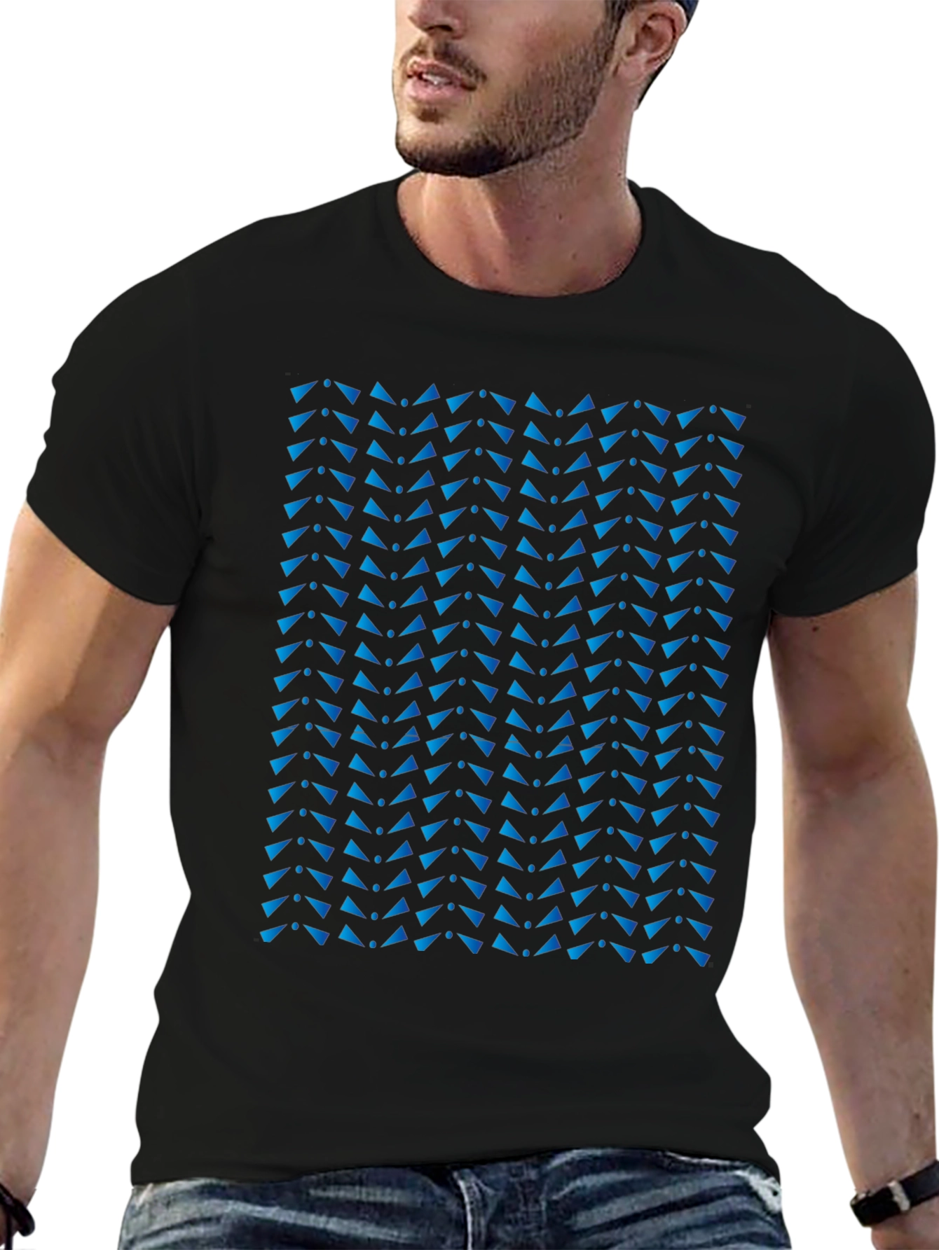 Stylish Black Tee with Blue Triangle Pattern