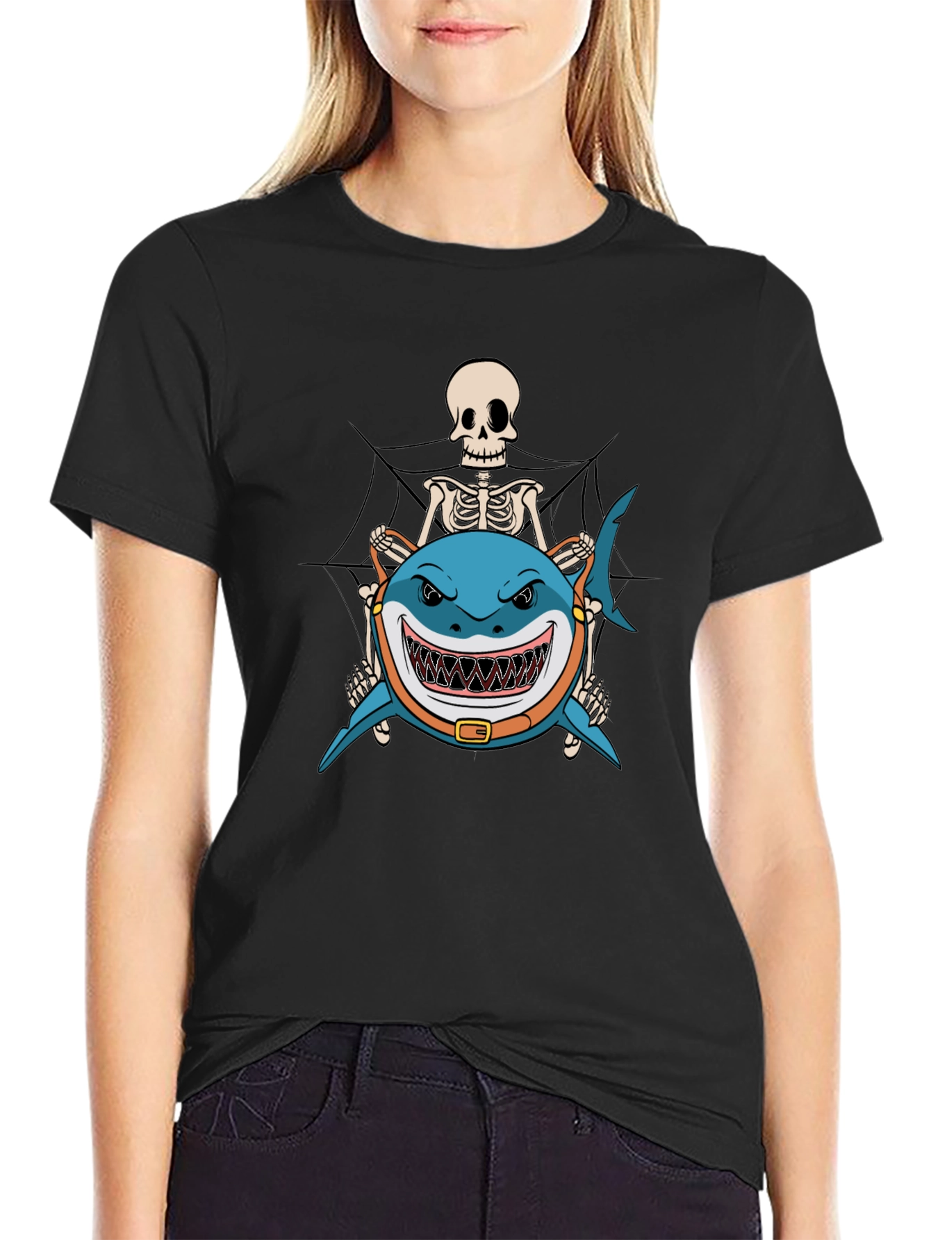Skeleton Riding Shark Black T-Shirt