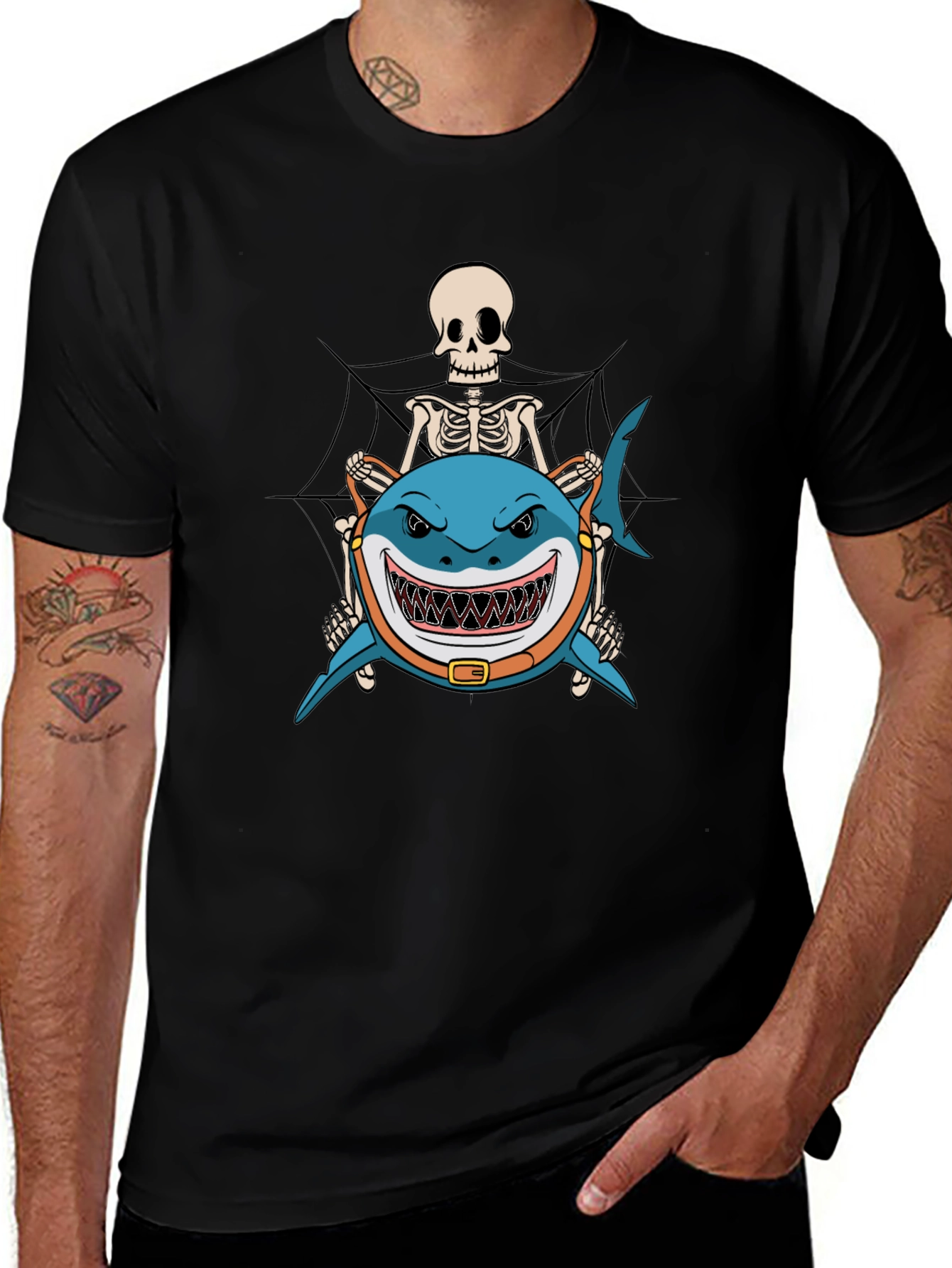Skeleton Riding Shark Black T-Shirt