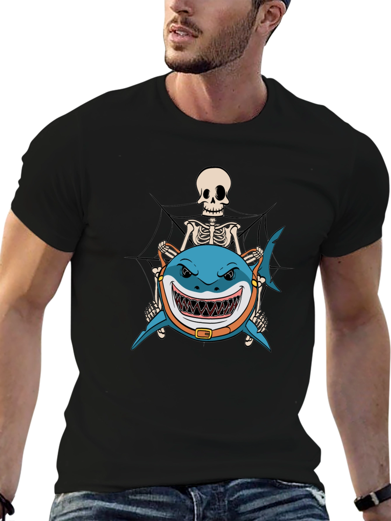 Skeleton Riding Shark Black T-Shirt