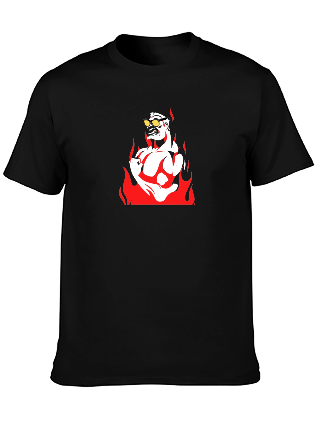 Fiery Muscle Man Graphic Tee - Black Cotton T-Shirt