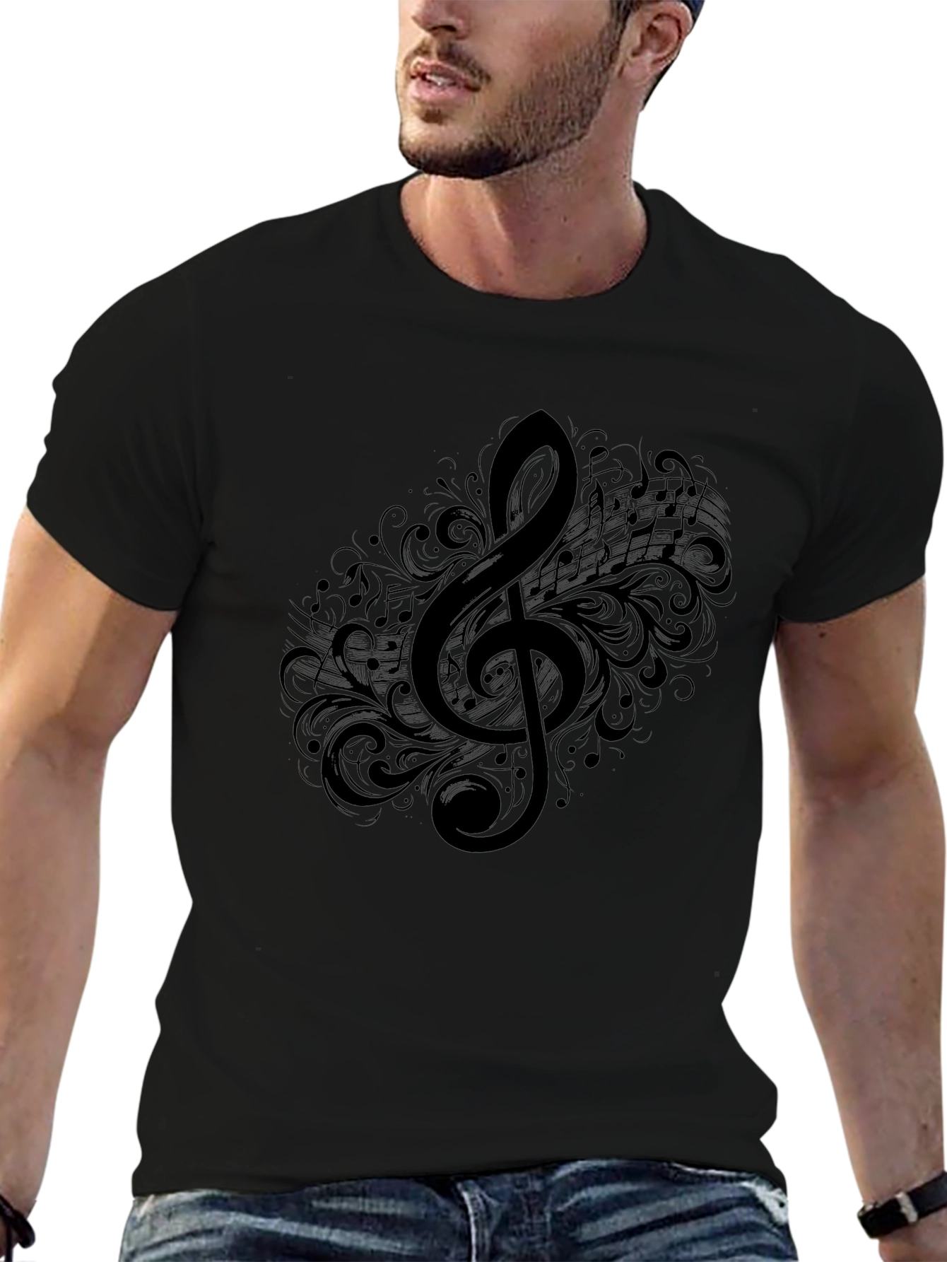 Musical Treble Clef Graphic Tee - Black Cotton T-Shirt