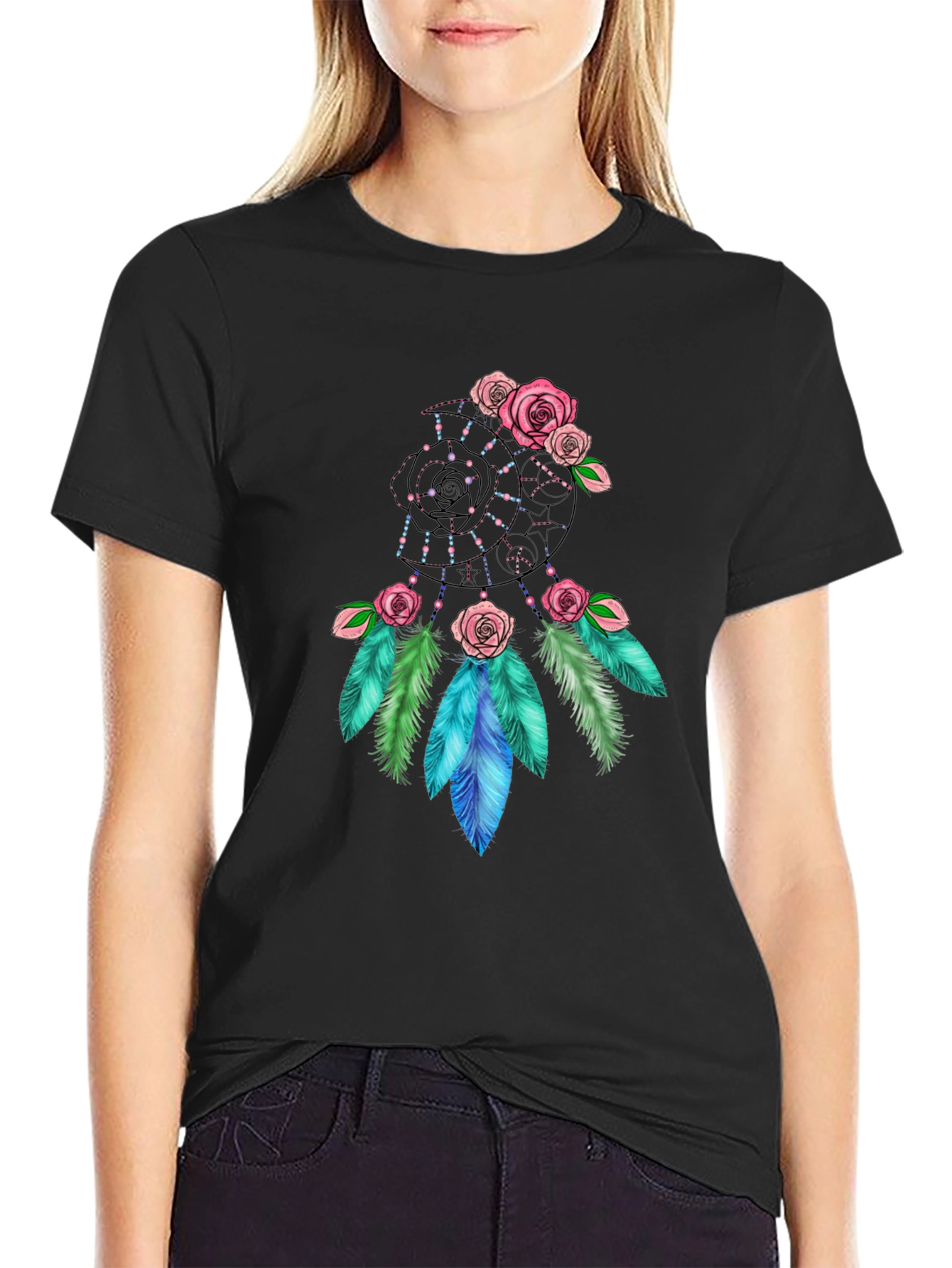 Dreamcatcher Rose Graphic Black T-Shirt