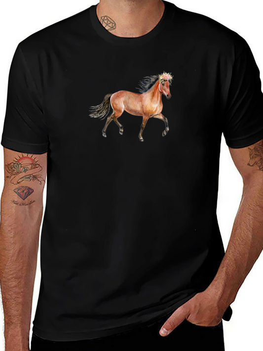 Horse Floral Crown Graphic Tee - Black Cotton