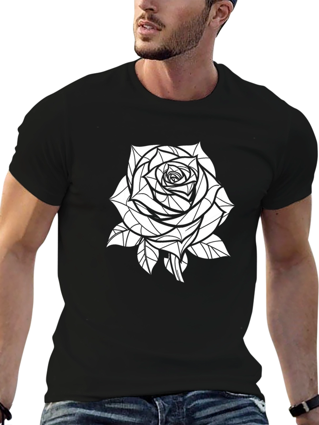 Geometric Rose Graphic Tee - Stylish Black T-Shirt