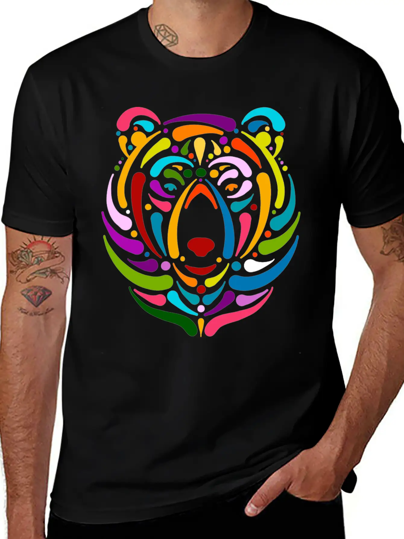 Rainbow Bear Face Sketch Unisex Casual T-Shirt – Clean Design For Daily Comfort