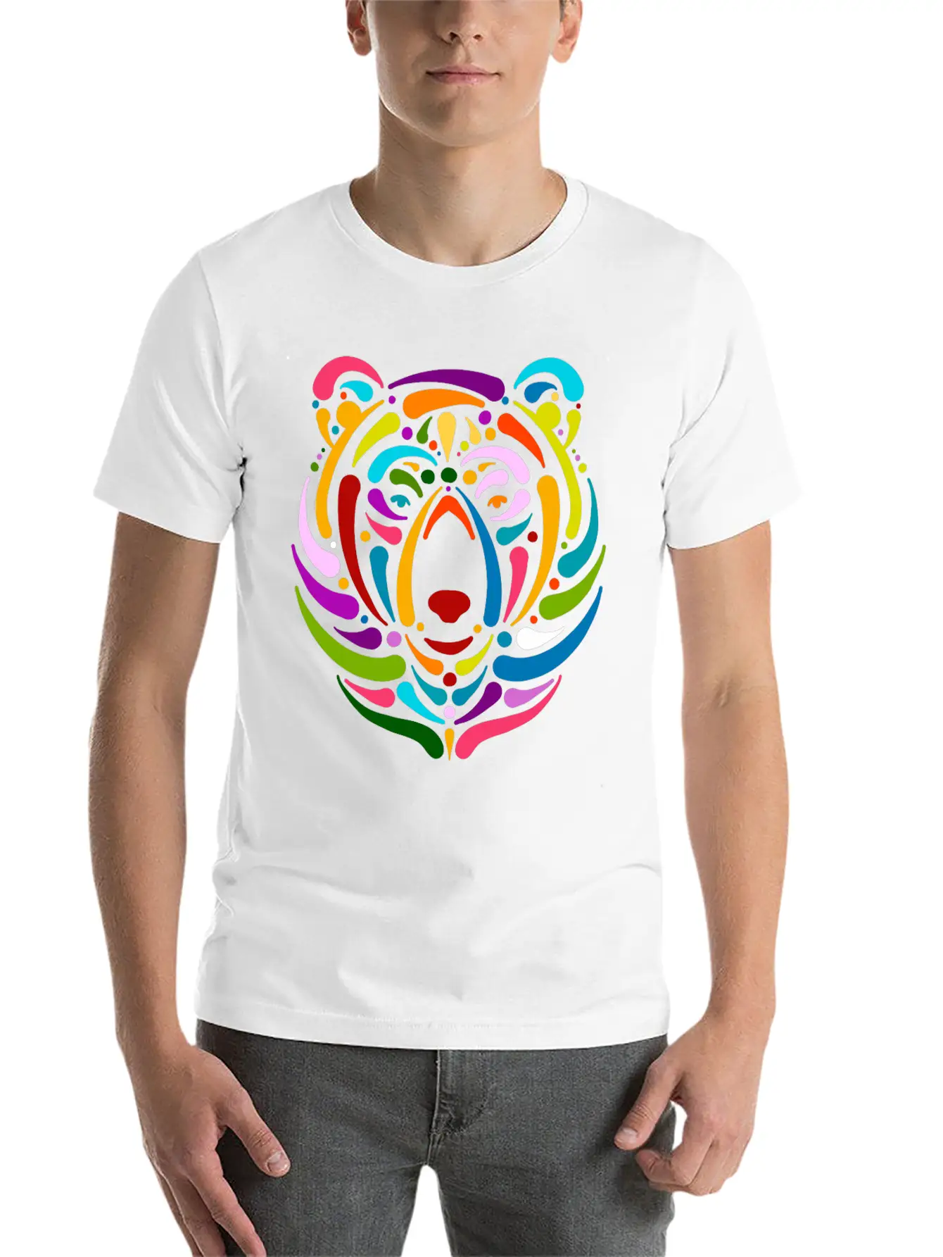 Rainbow Bear Face Sketch Unisex Casual T-Shirt – Clean Design For Daily Comfort