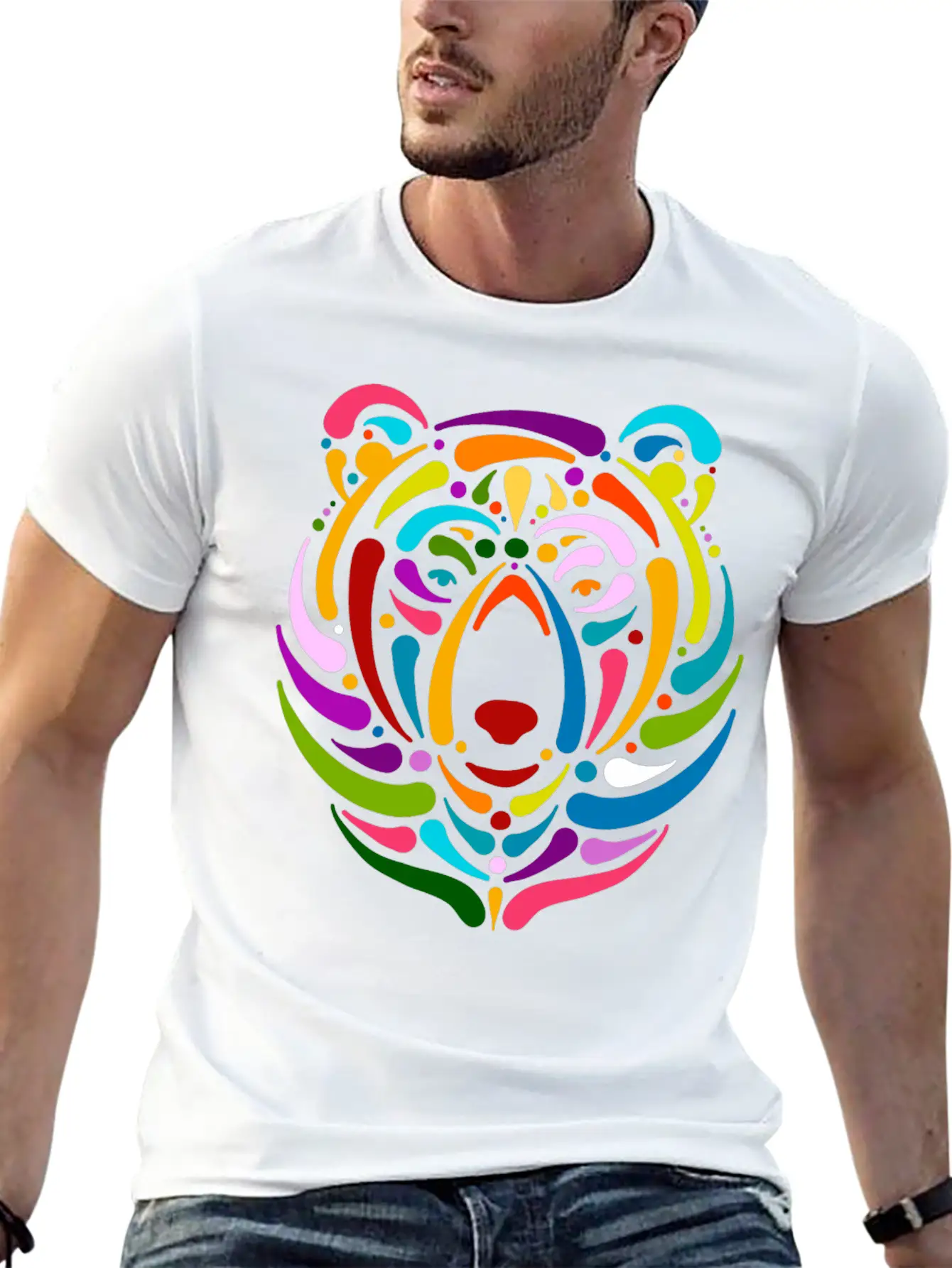 Rainbow Bear Face Sketch Unisex Casual T-Shirt – Clean Design For Daily Comfort