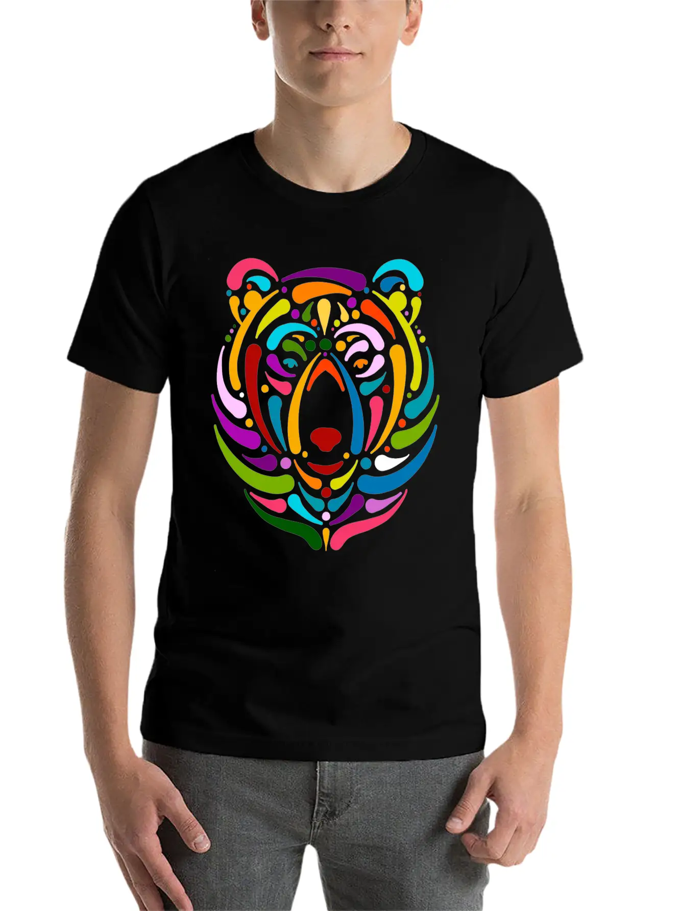 Rainbow Bear Face Sketch Unisex Casual T-Shirt – Clean Design For Daily Comfort