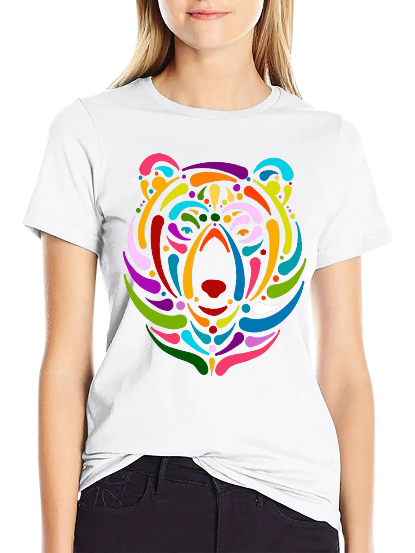 Rainbow Bear Face Sketch Unisex Casual T-Shirt – Clean Design For Daily Comfort