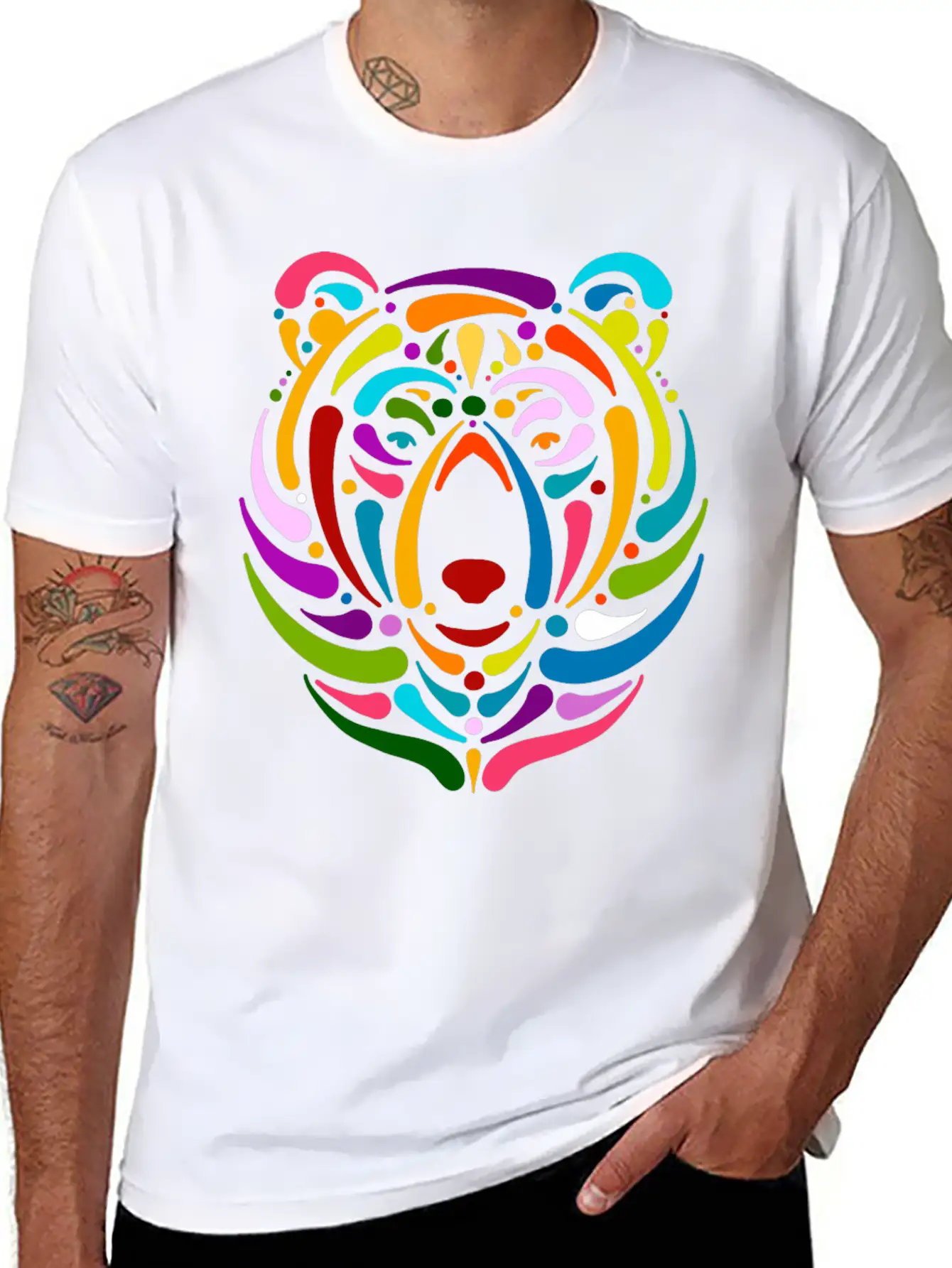 Rainbow Bear Face Sketch Unisex Casual T-Shirt – Clean Design For Daily Comfort