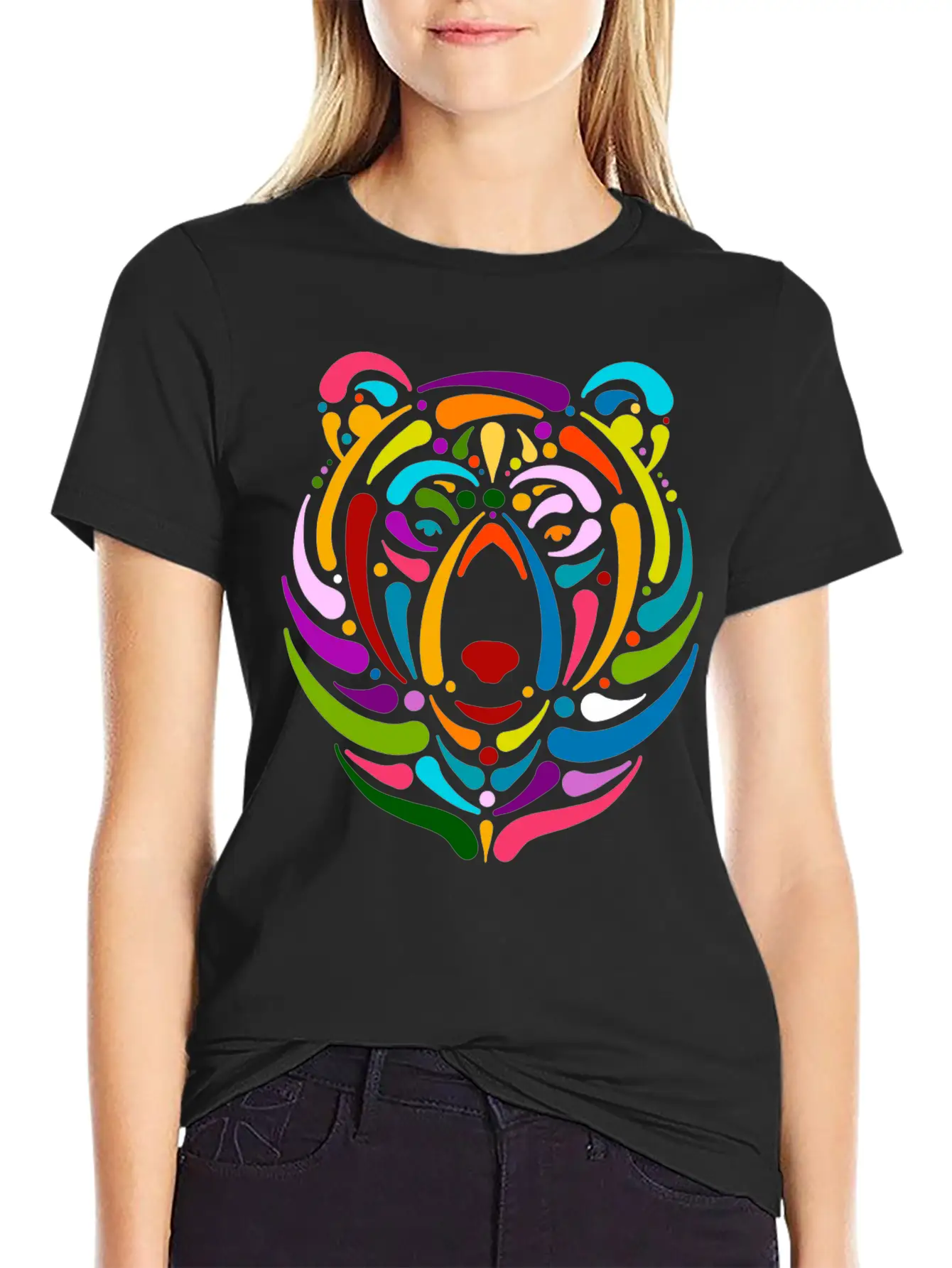 Rainbow Bear Face Sketch Unisex Casual T-Shirt – Clean Design For Daily Comfort