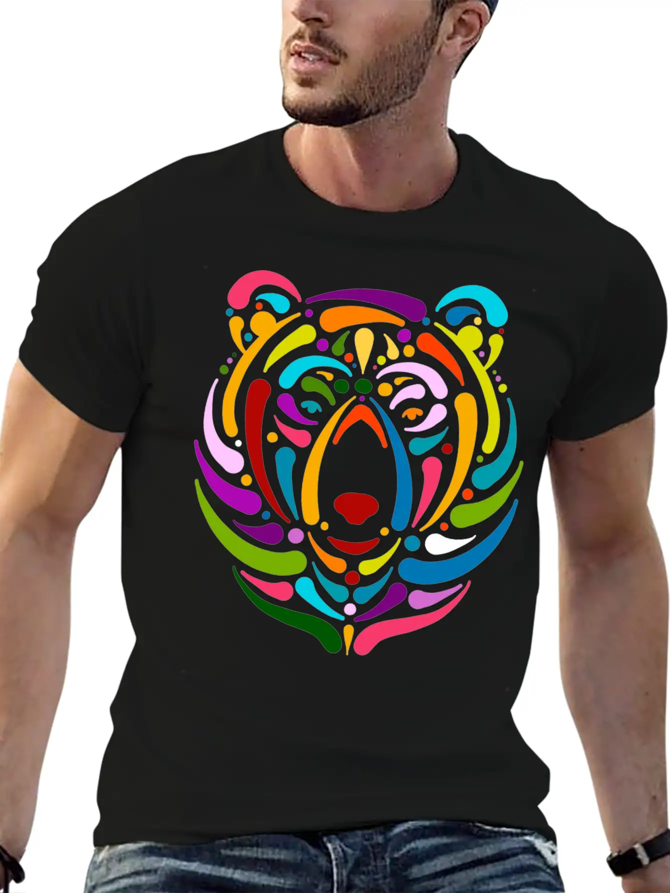Rainbow Bear Face Sketch Unisex Casual T-Shirt – Clean Design For Daily Comfort