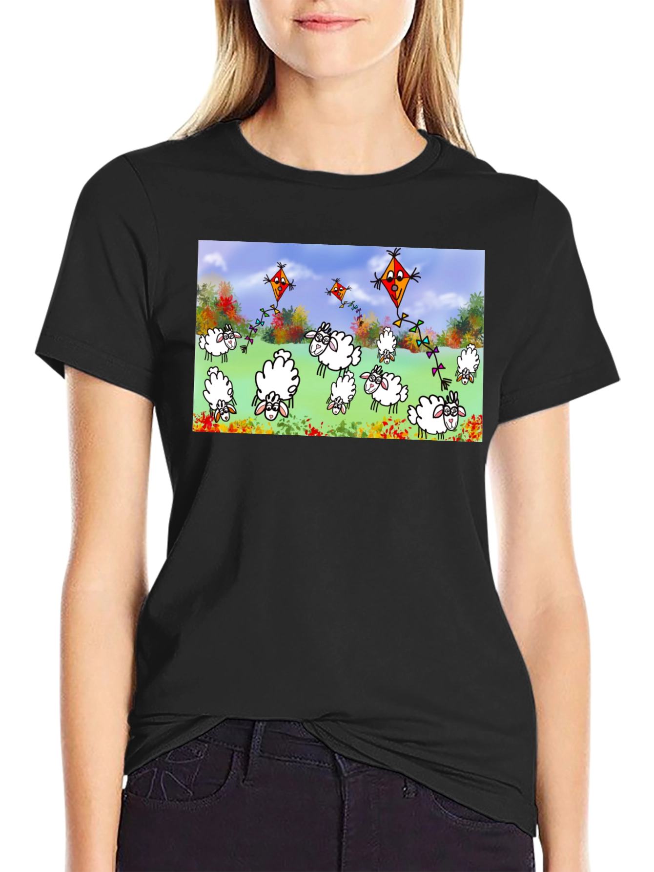 Cartoon Sheep & Kite Print Black Tee