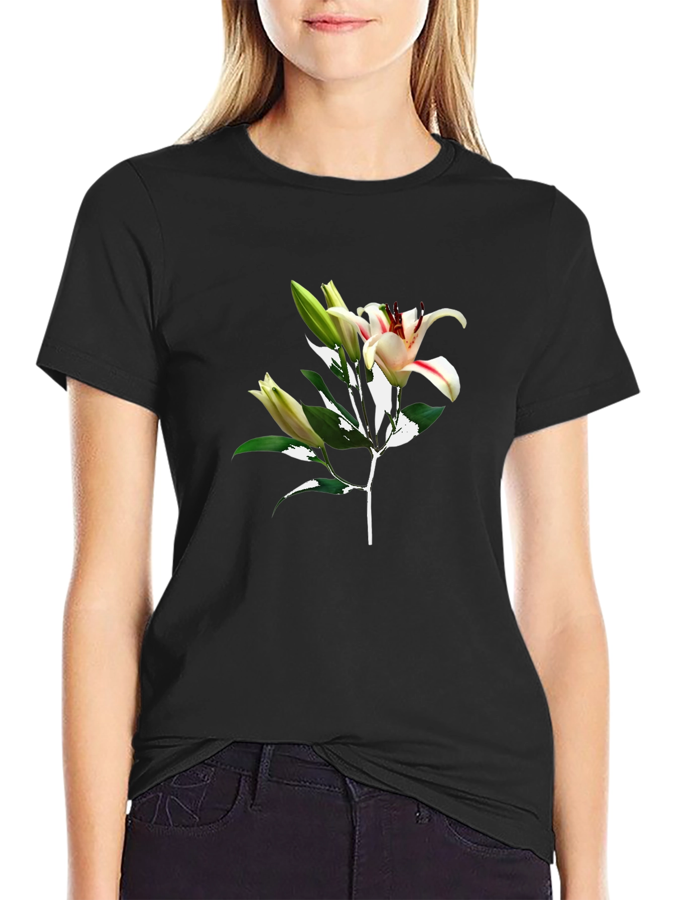 Floral Lily Graphic Black T-Shirt