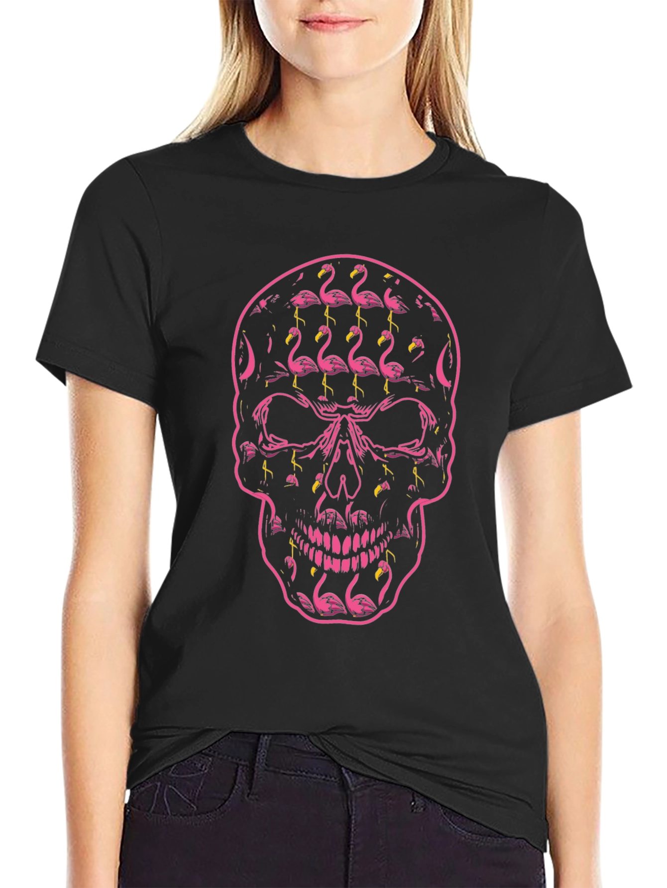 Flamingo Skull Graphic Tee - Black T-Shirt
