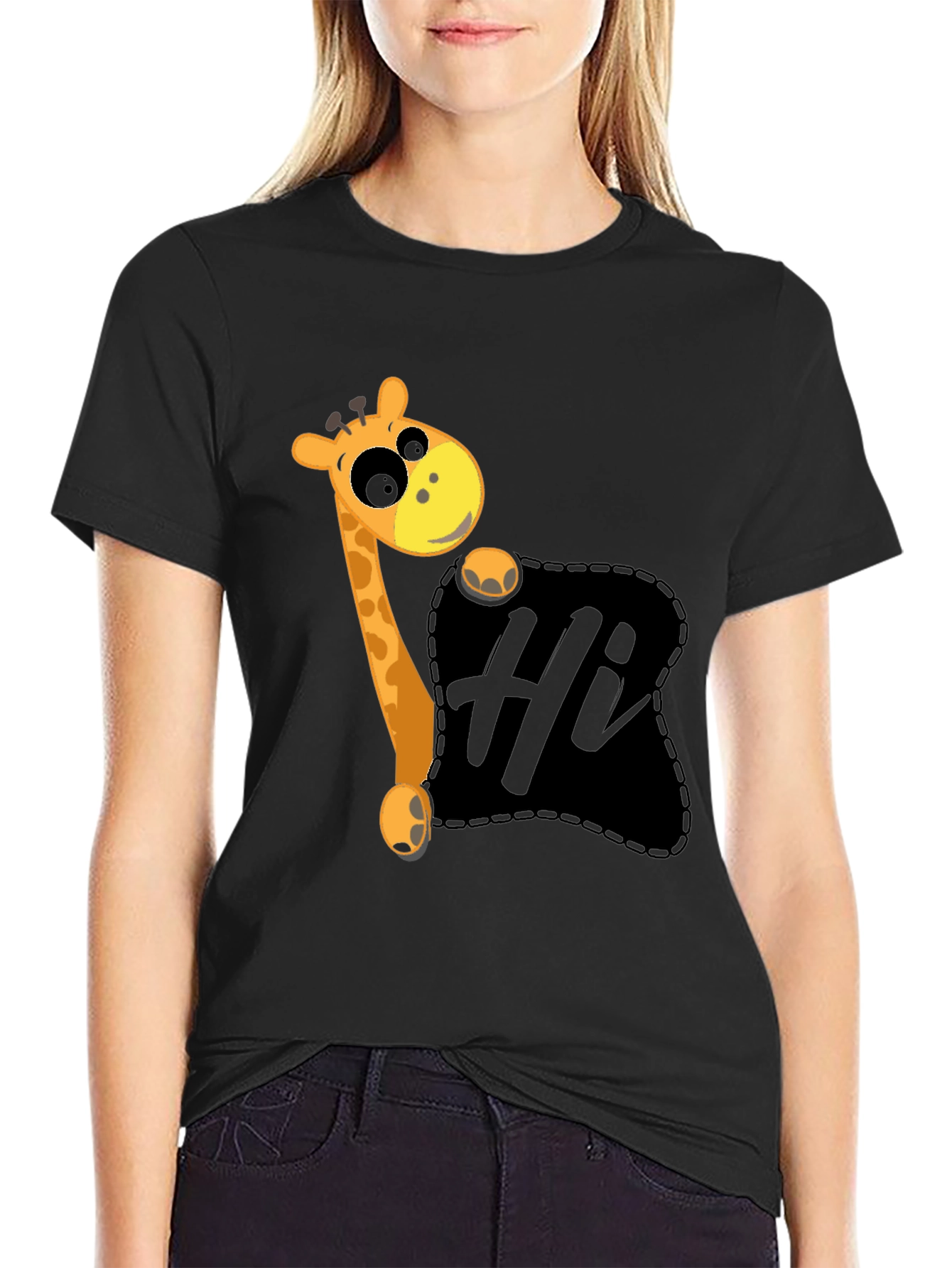 Cute Giraffe Hi Graphic Black T-Shirt