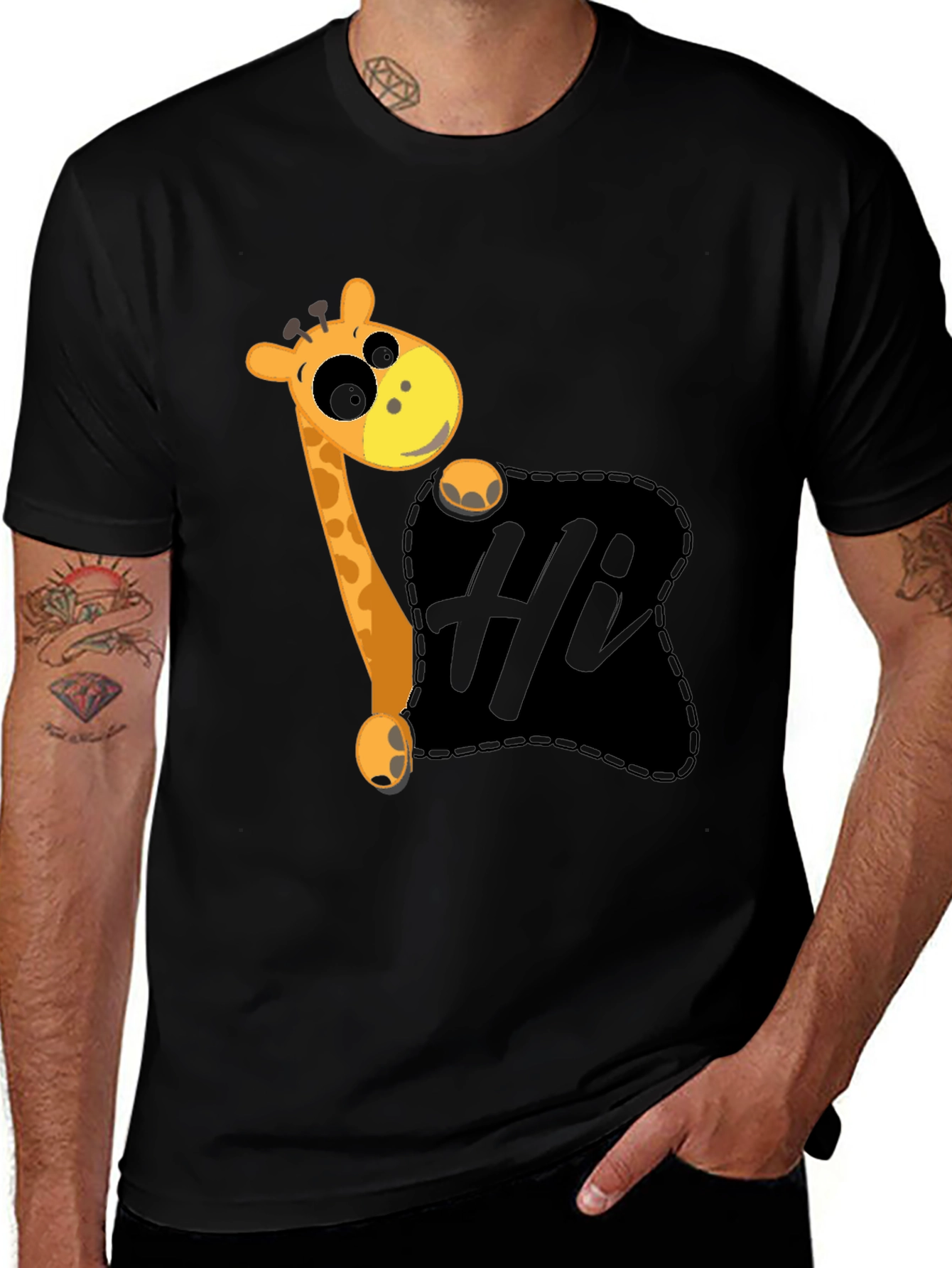 Cute Giraffe Hi Graphic Black T-Shirt