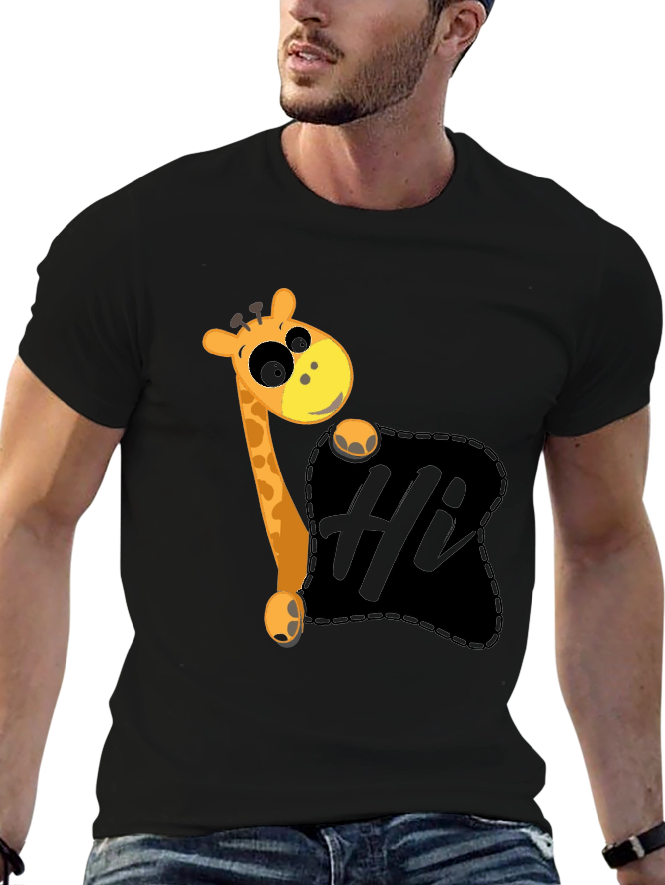 Cute Giraffe Hi Graphic Black T-Shirt