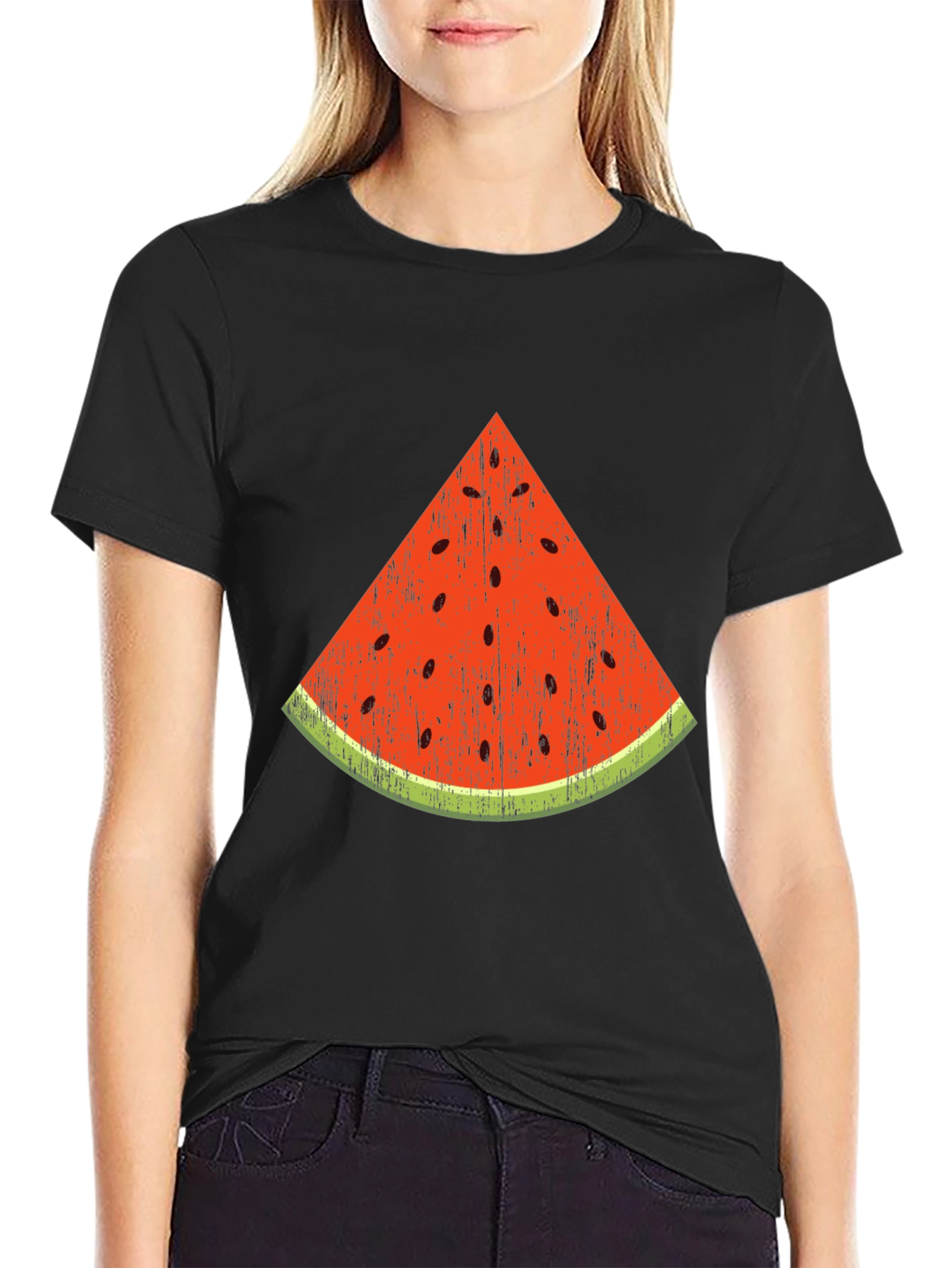 Fun Watermelon Slice Graphic Tee - Black Cotton T-Shirt