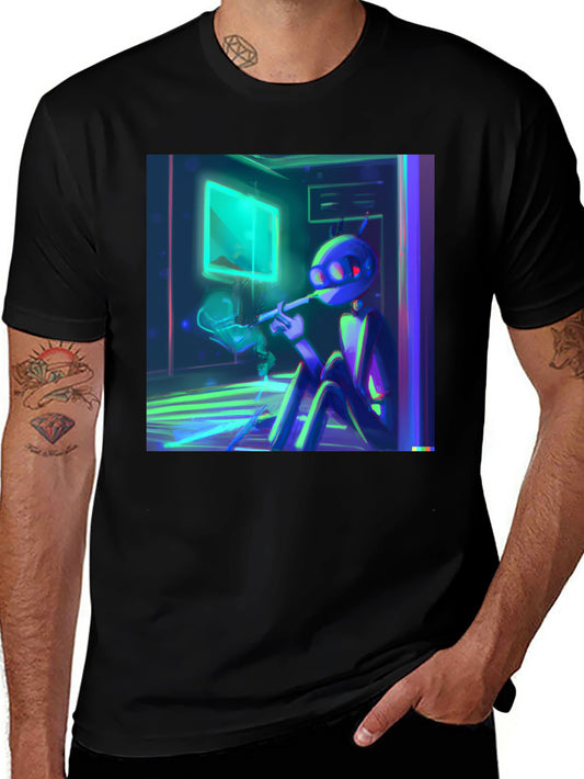 Smoking Robot T-Shirt - Black Crew Neck Tee