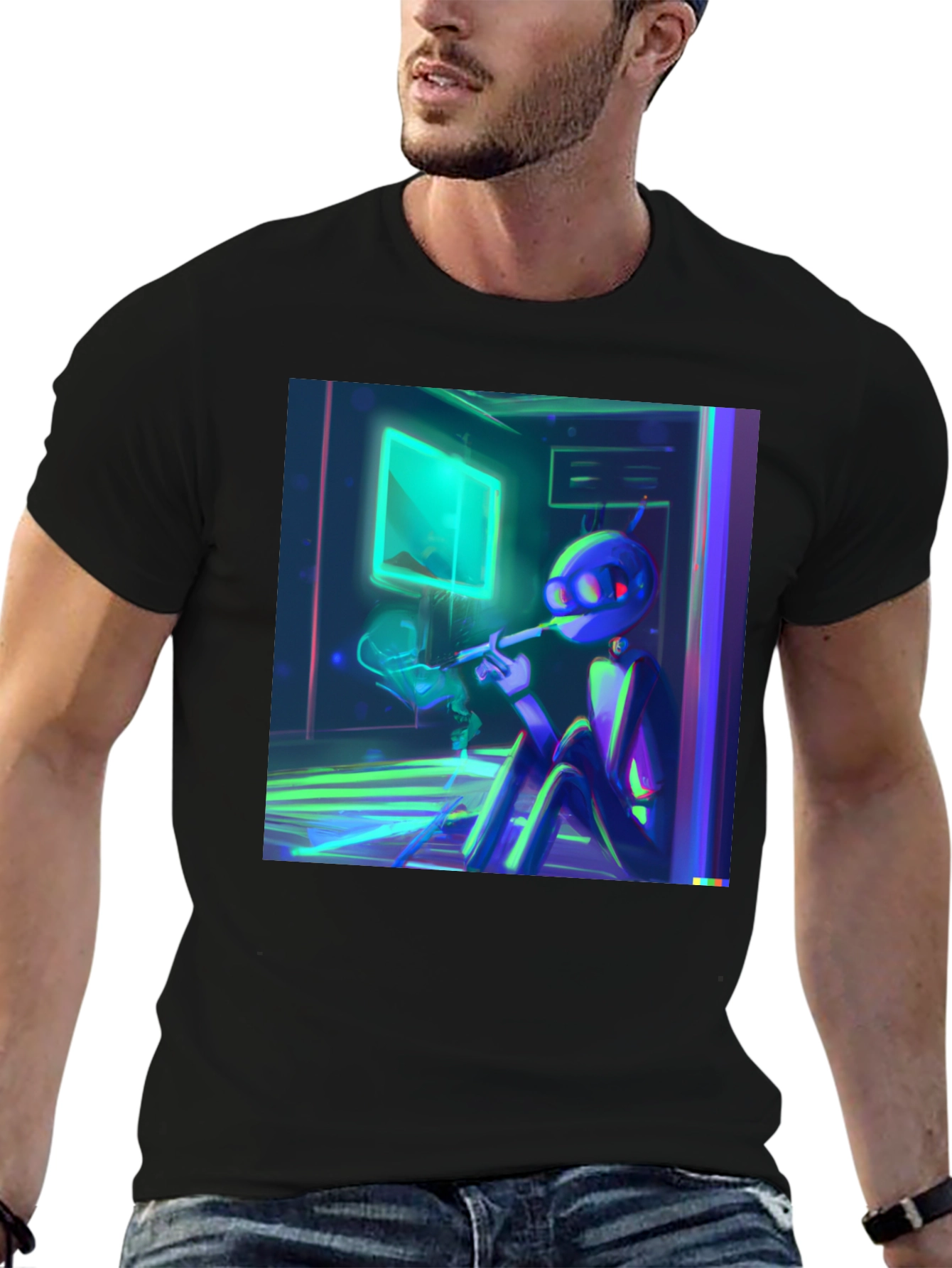 Smoking Robot T-Shirt - Black Crew Neck Tee