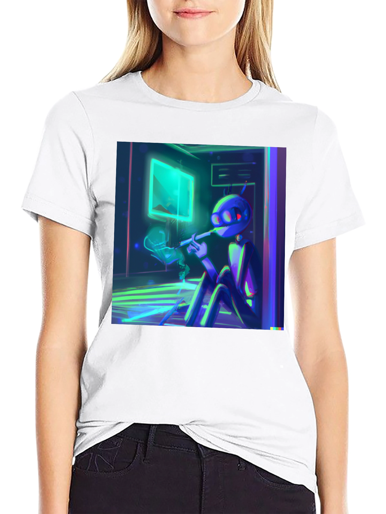 Smoking Robot T-Shirt - Black Crew Neck Tee