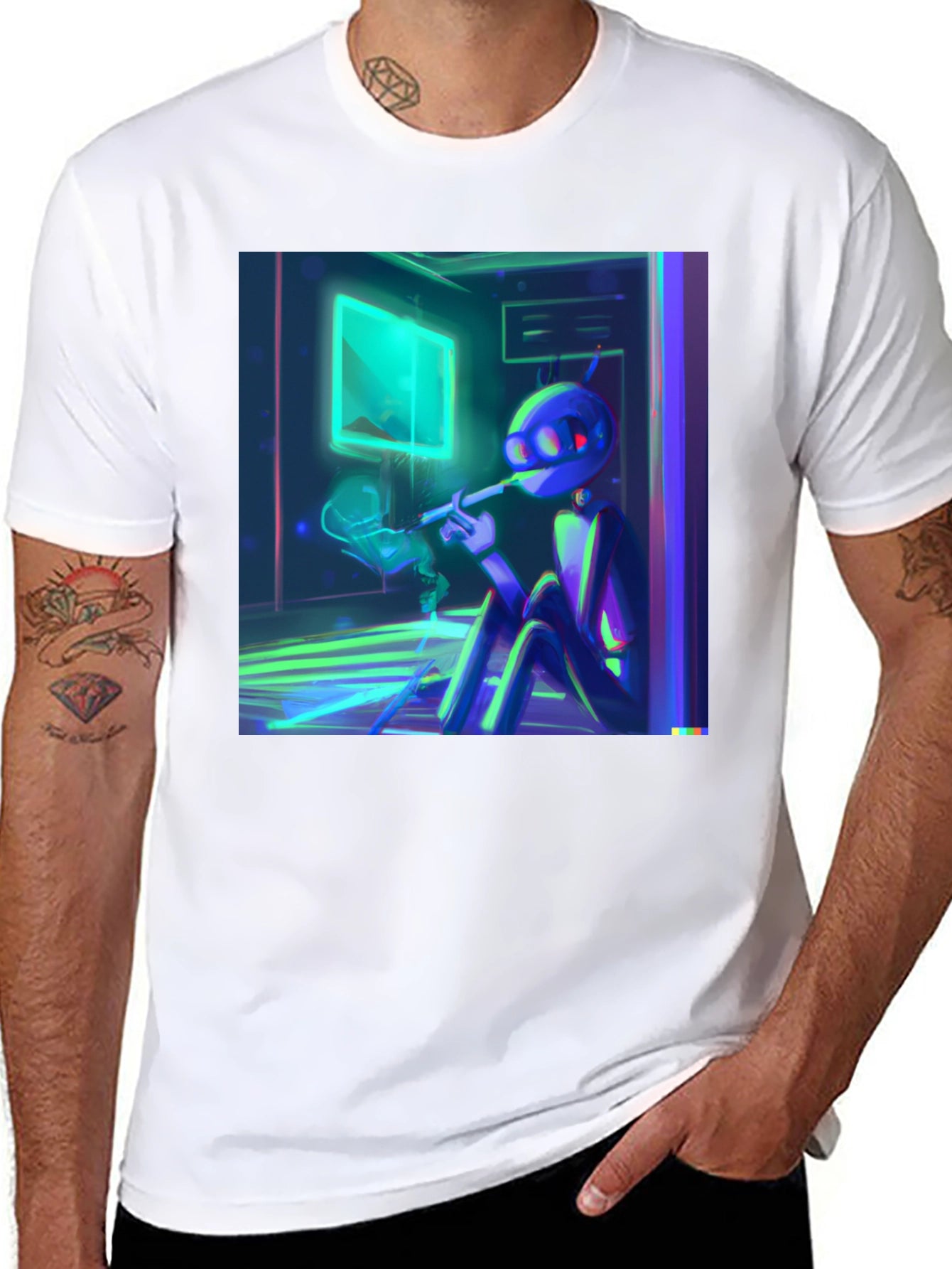 Smoking Robot T-Shirt - Black Crew Neck Tee