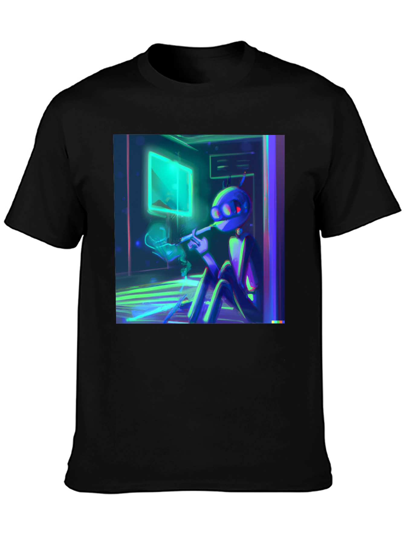 Smoking Robot T-Shirt - Black Crew Neck Tee
