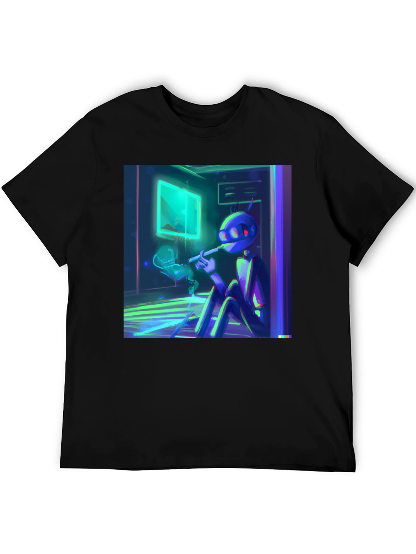 Smoking Robot T-Shirt - Black Crew Neck Tee