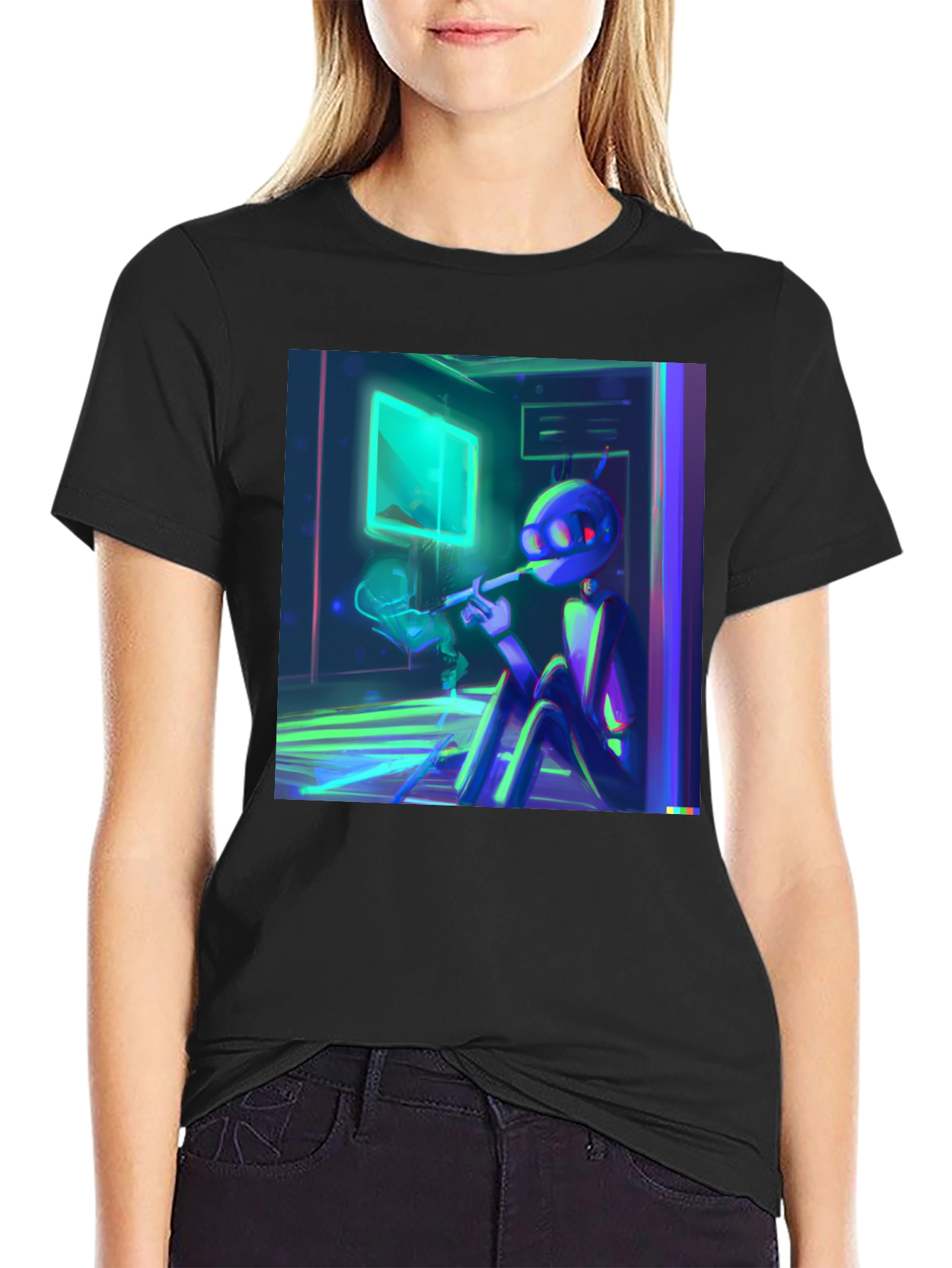 Smoking Robot T-Shirt - Black Crew Neck Tee