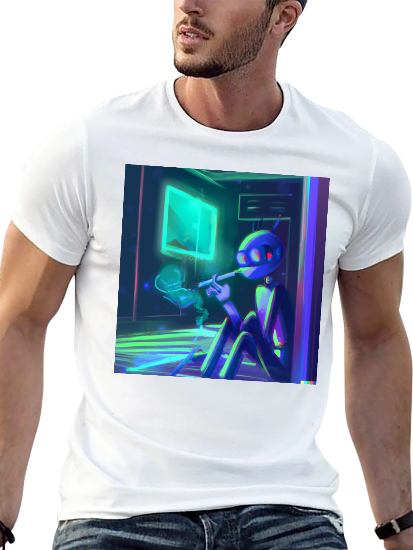 Smoking Robot T-Shirt - Black Crew Neck Tee