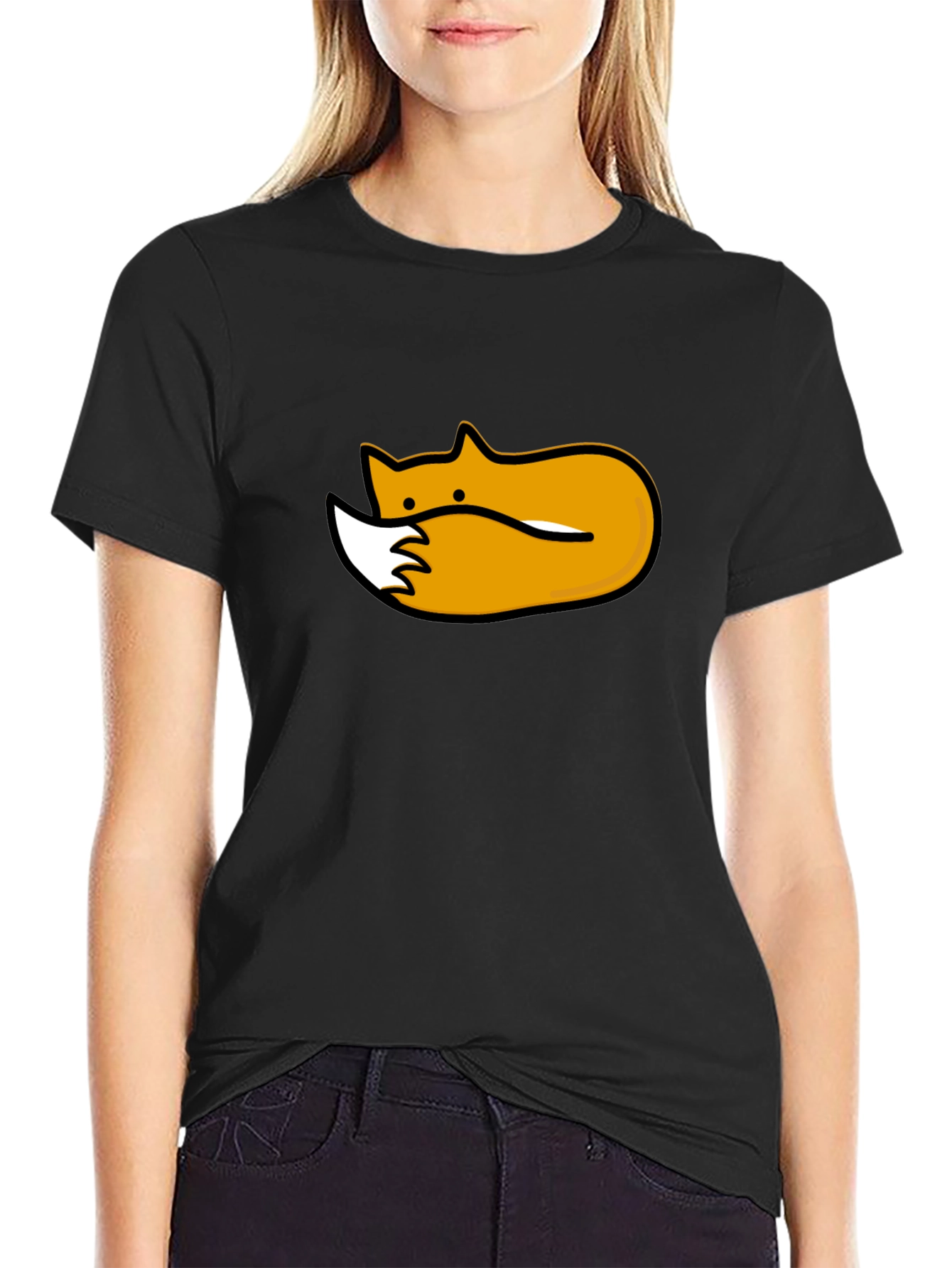 Cute Sleeping Fox Graphic Tee - Black