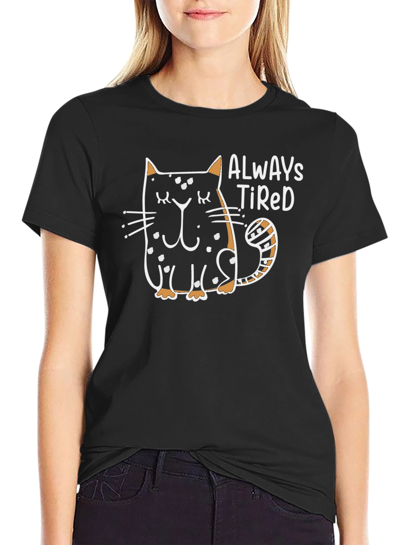 Always Tired Cat Graphic Black T-Shirt