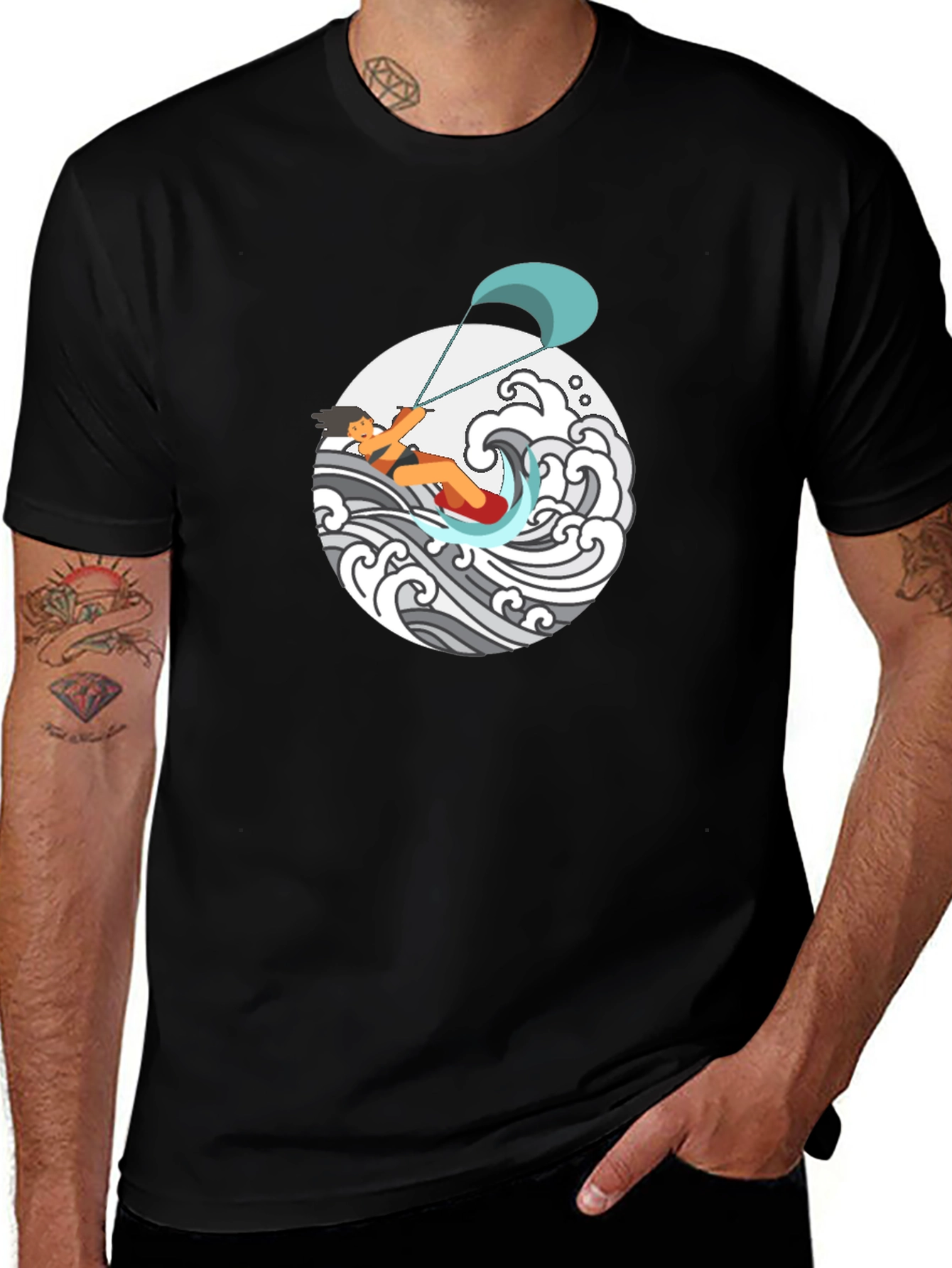 Kite Surfing Graphic Tee - Black Cotton T-Shirt