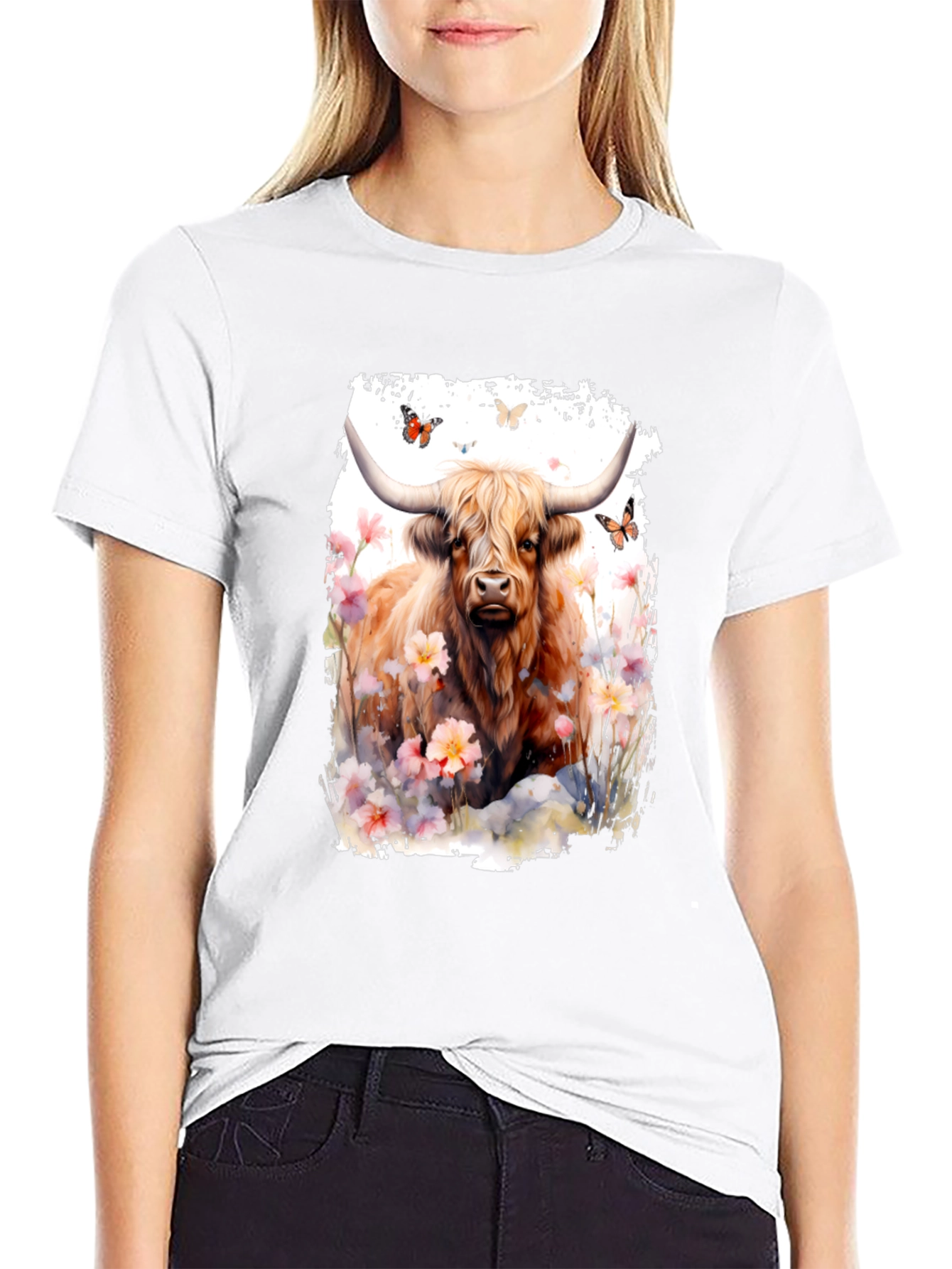 Highland Cow & Flowers Graphic T-Shirt