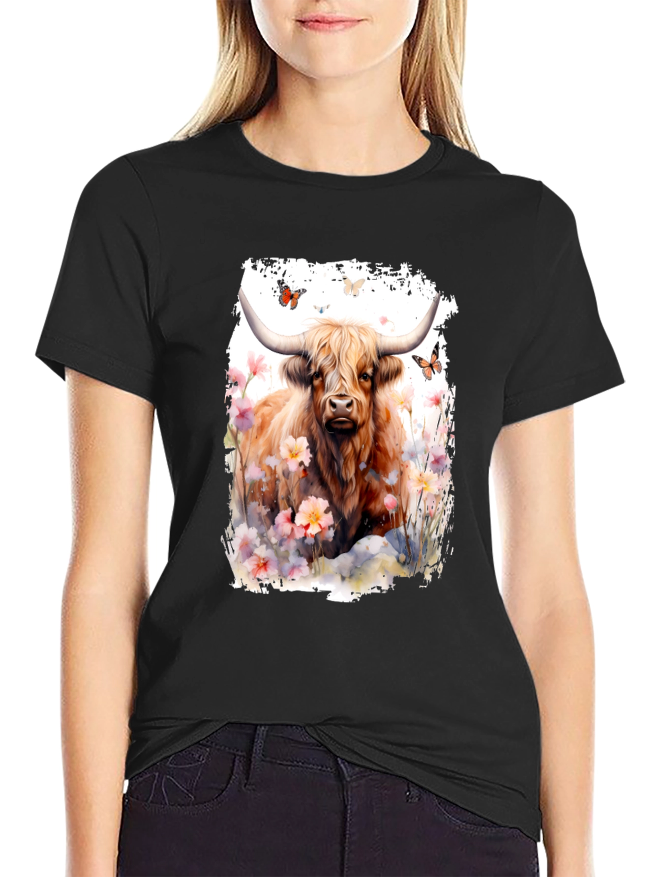 Highland Cow & Flowers Graphic T-Shirt