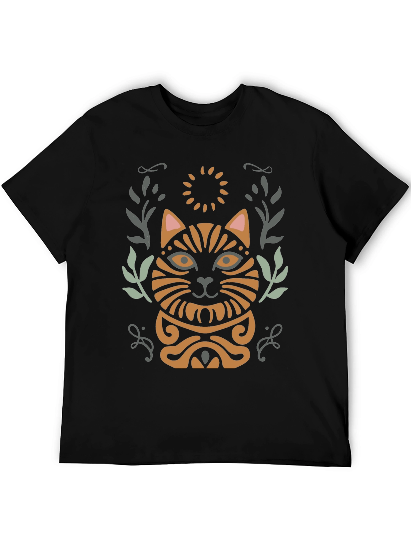 Boho Cat Graphic Tee - Stylish Mens Black T-Shirt