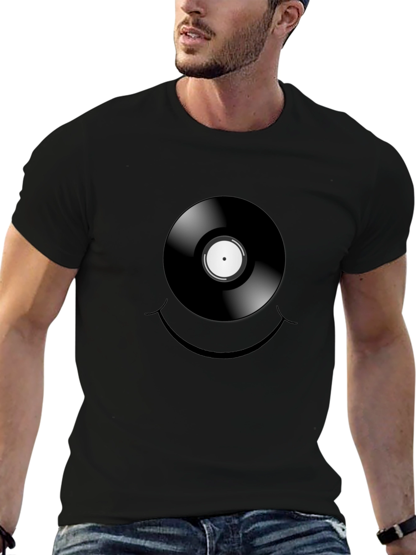 Vinyl Record Smiley Face Graphic T-Shirt