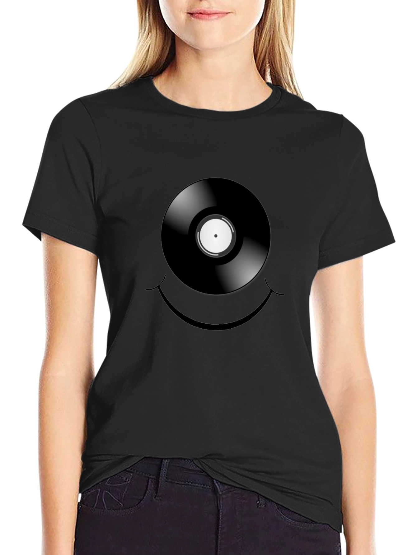 Vinyl Record Smiley Face Graphic T-Shirt