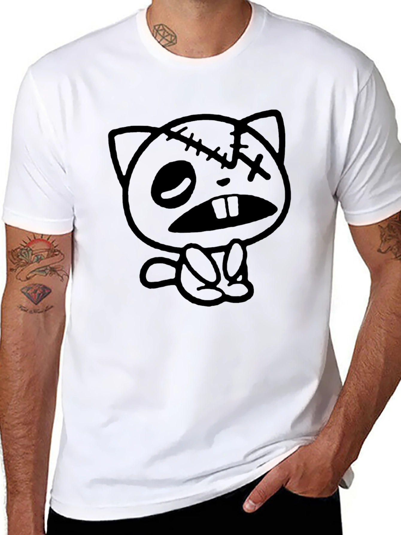 Zombie Cat Graphic Tee - Unisex Black Cotton T-Shirt