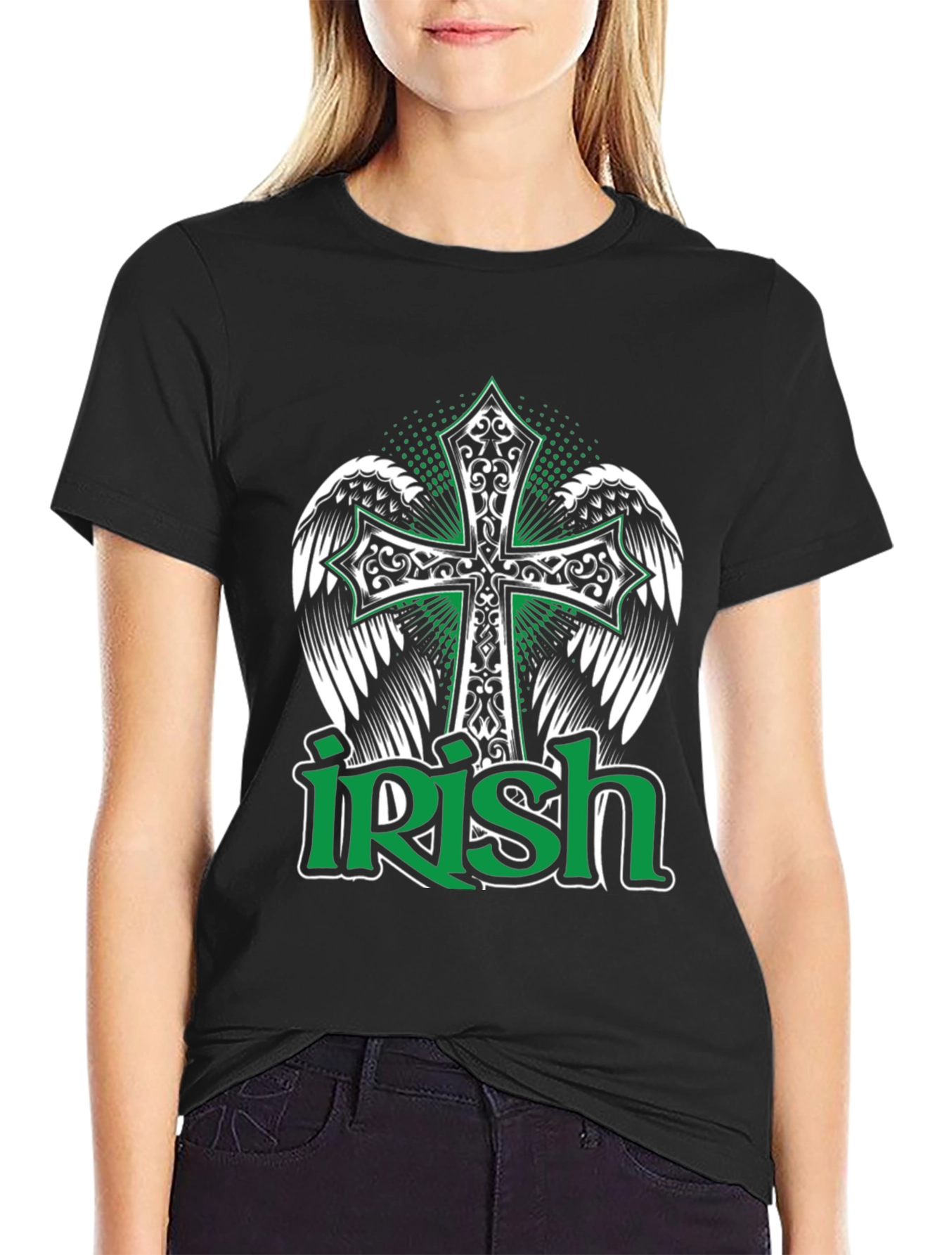 Irish Pride Black T-Shirt Celtic Cross Wings Graphic Tee