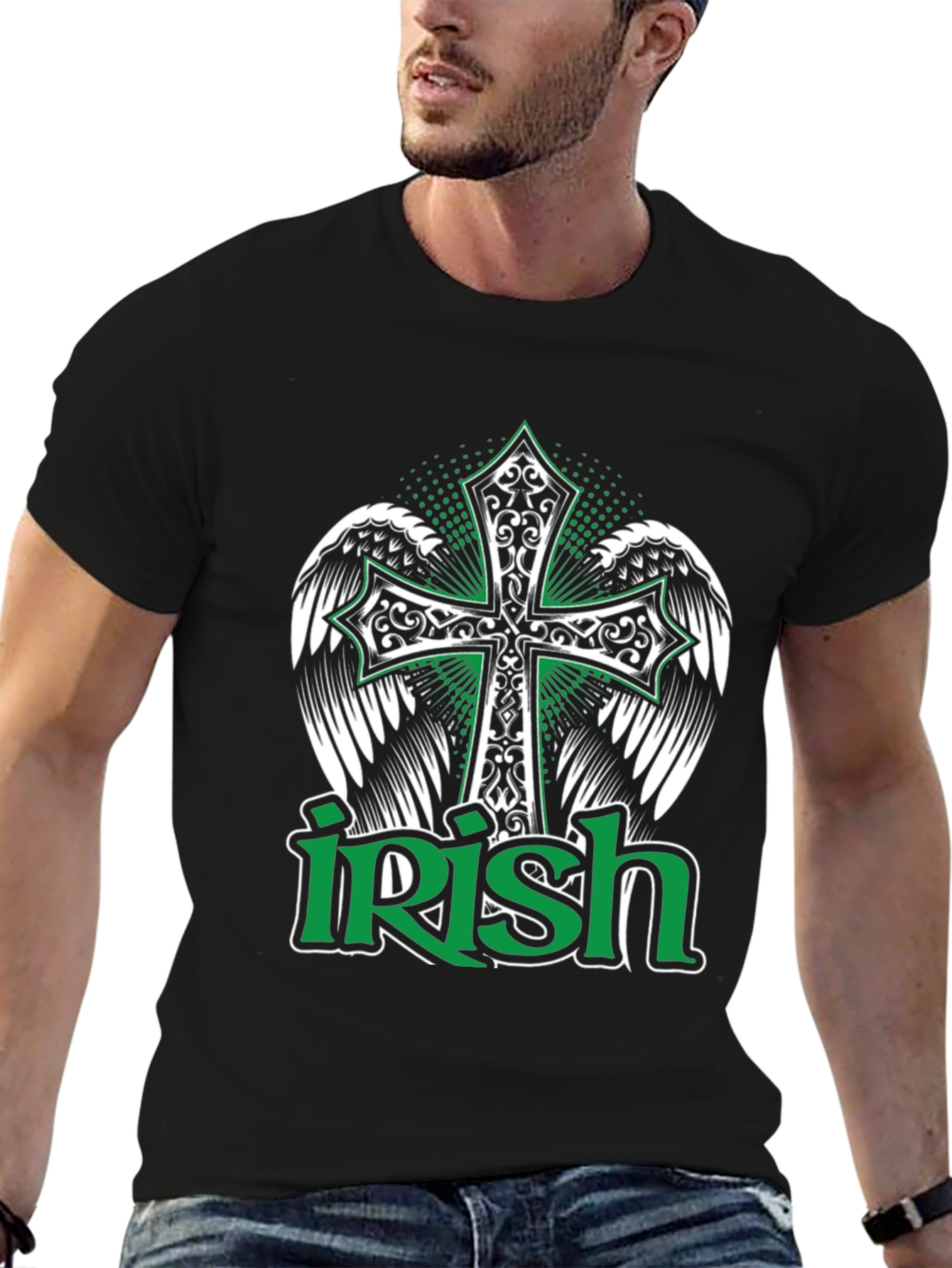 Irish Pride Black T-Shirt Celtic Cross Wings Graphic Tee