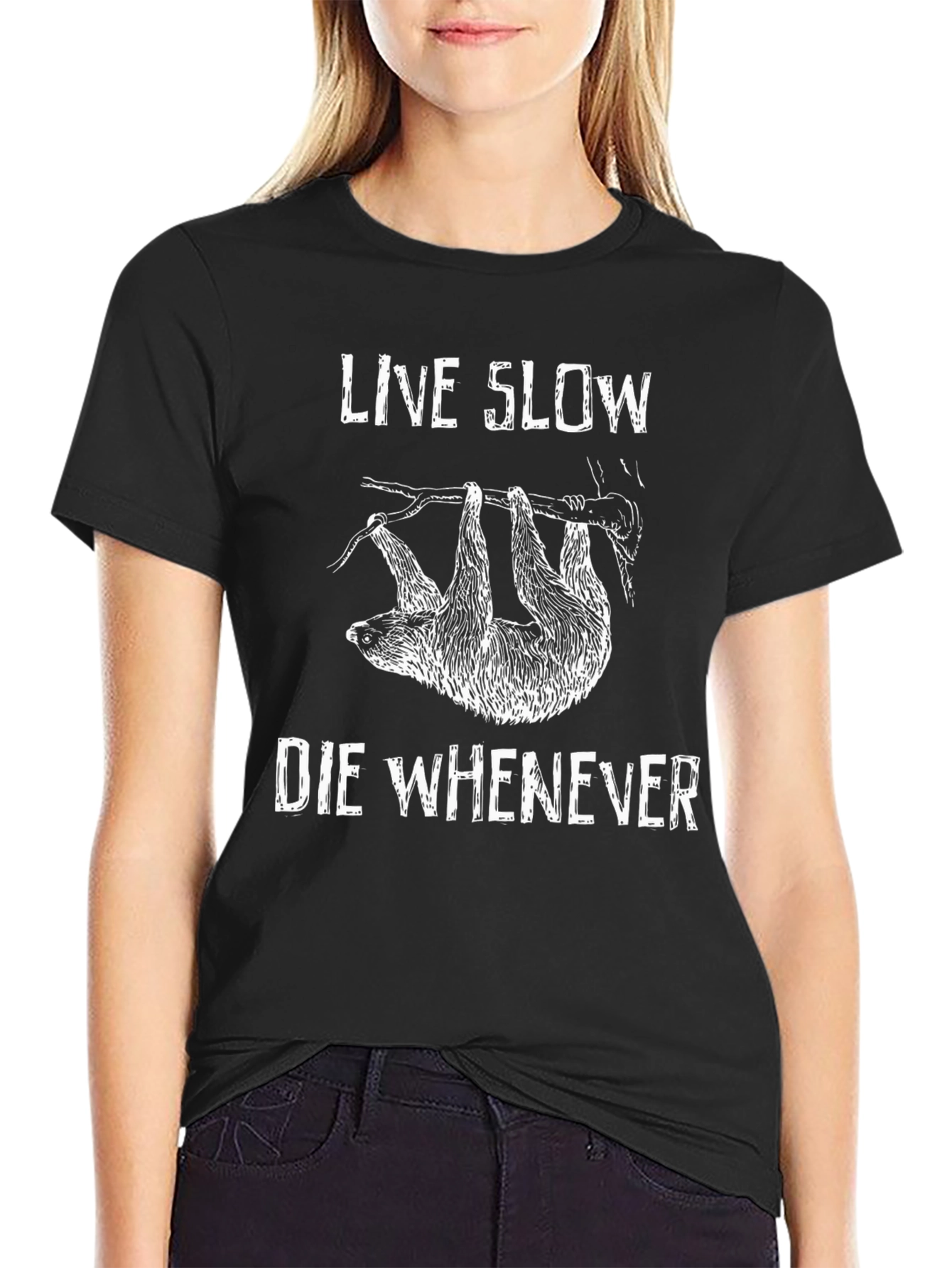 Live Slow Sloth Graphic Tee - Black Cotton T-Shirt