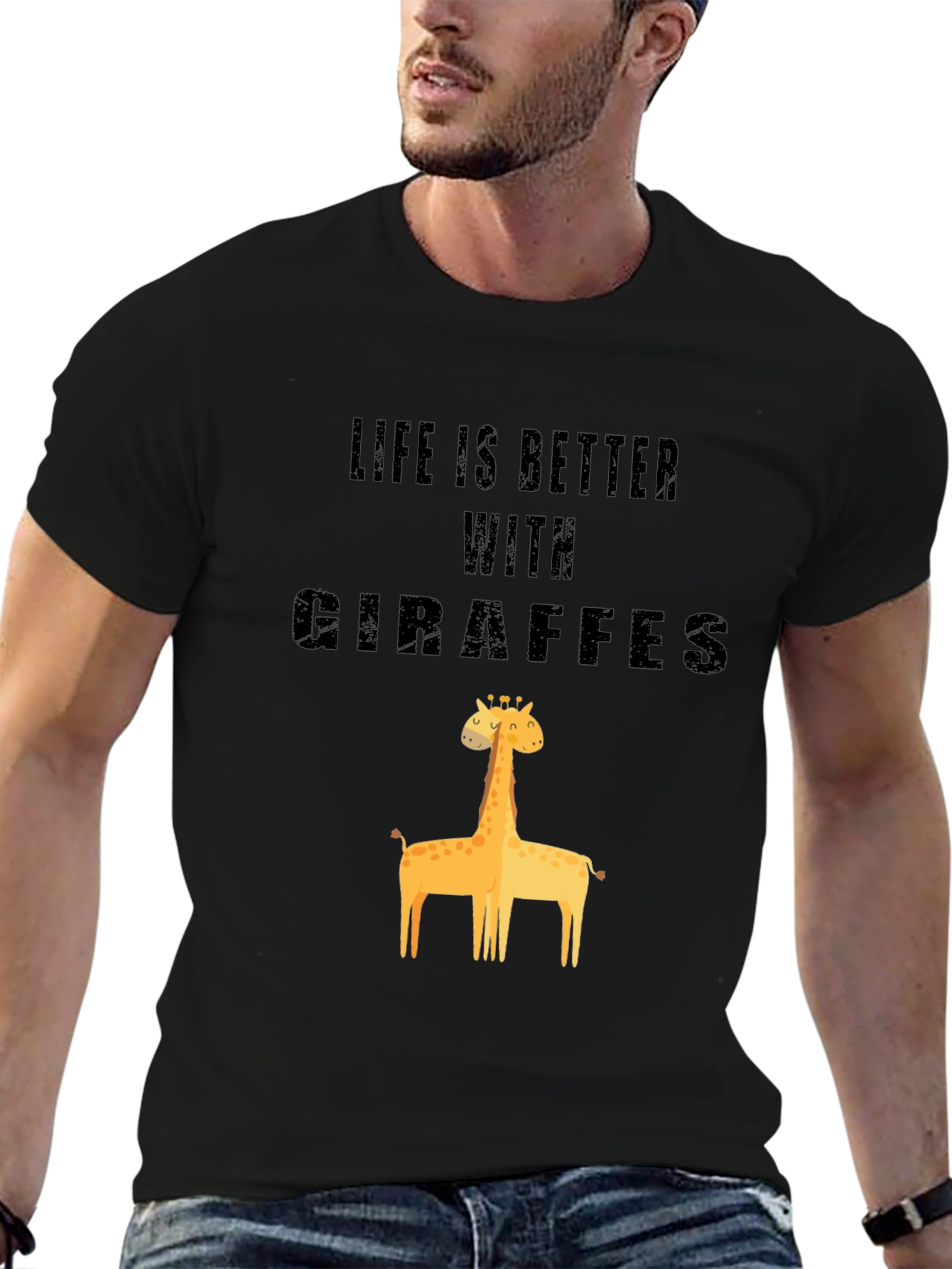 Life is Better With Giraffes Black Cotton Graphic Tee