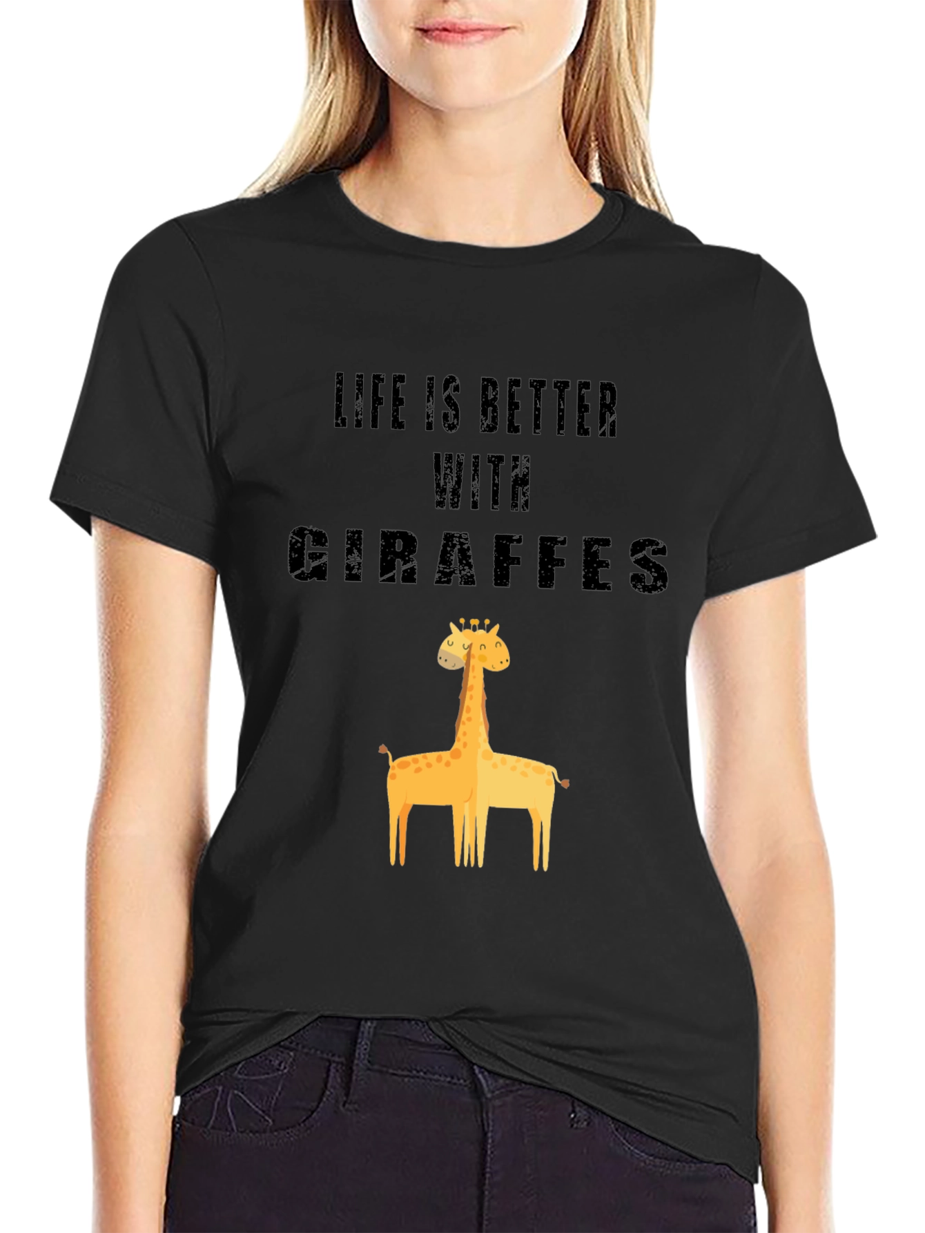 Life is Better With Giraffes Black Cotton Graphic Tee